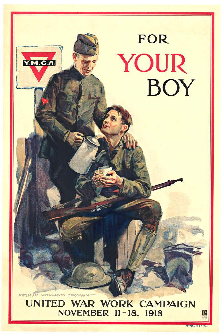 Landscape Print William Arthur Brown - Affiche originale "For Your Boy, YMCA, vintage WW1 1918