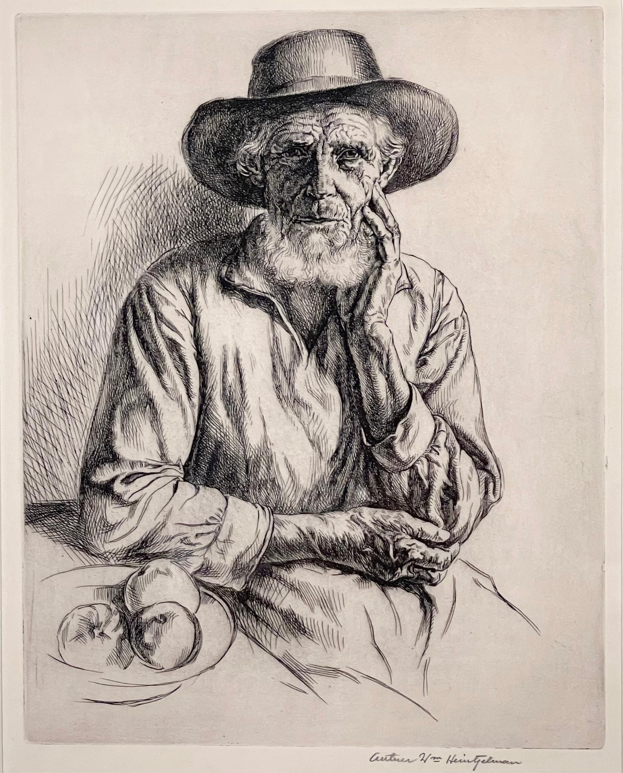 Arthur William Heintzelman. Figurative Print - OLD MAN WITH BOWL OF FRUIT