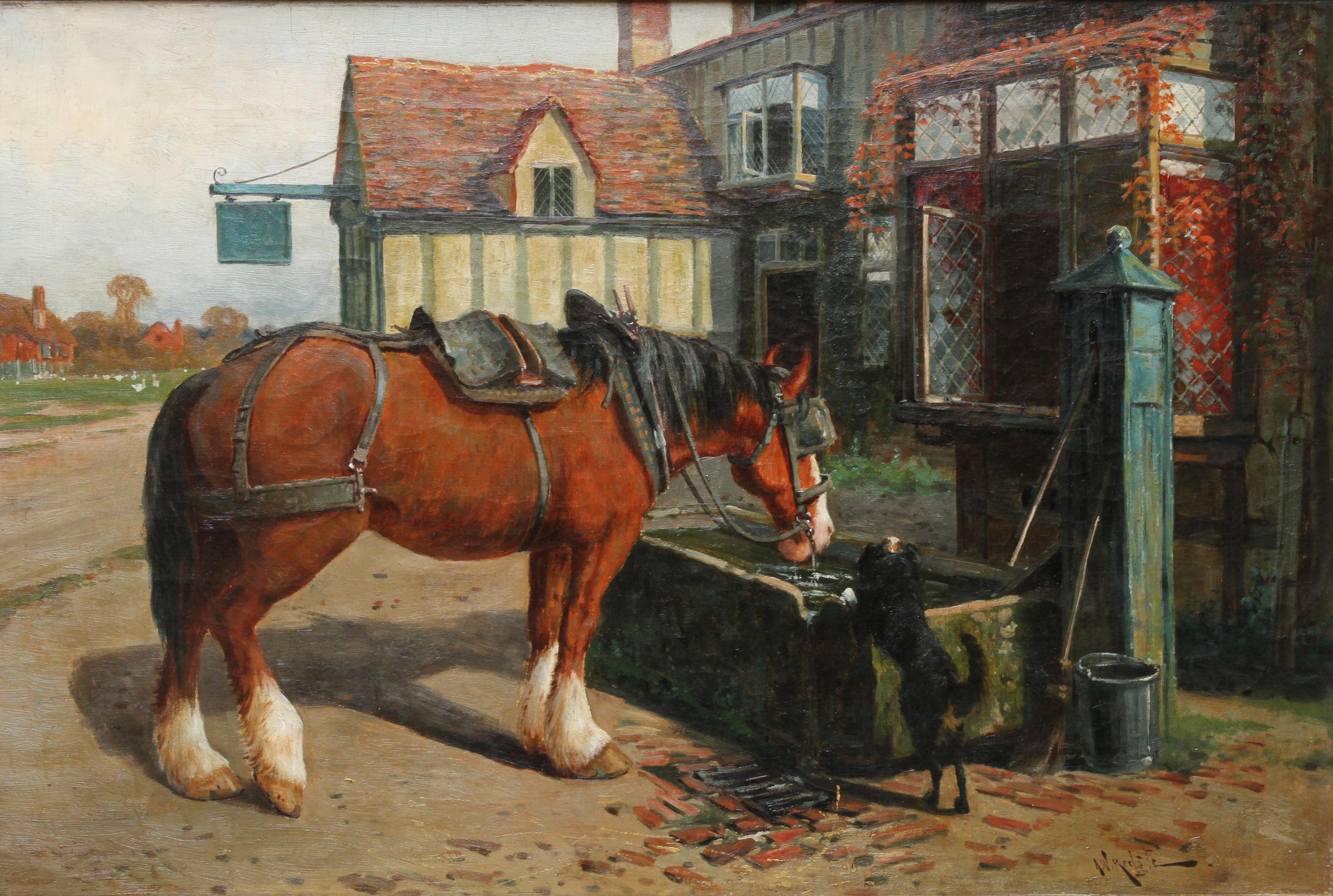 Cheval de ferme à l'auge devant une taverne - peinture à l'huile d'art animalier de l'époque victorienne britannique - Painting de Arthur William Redgate