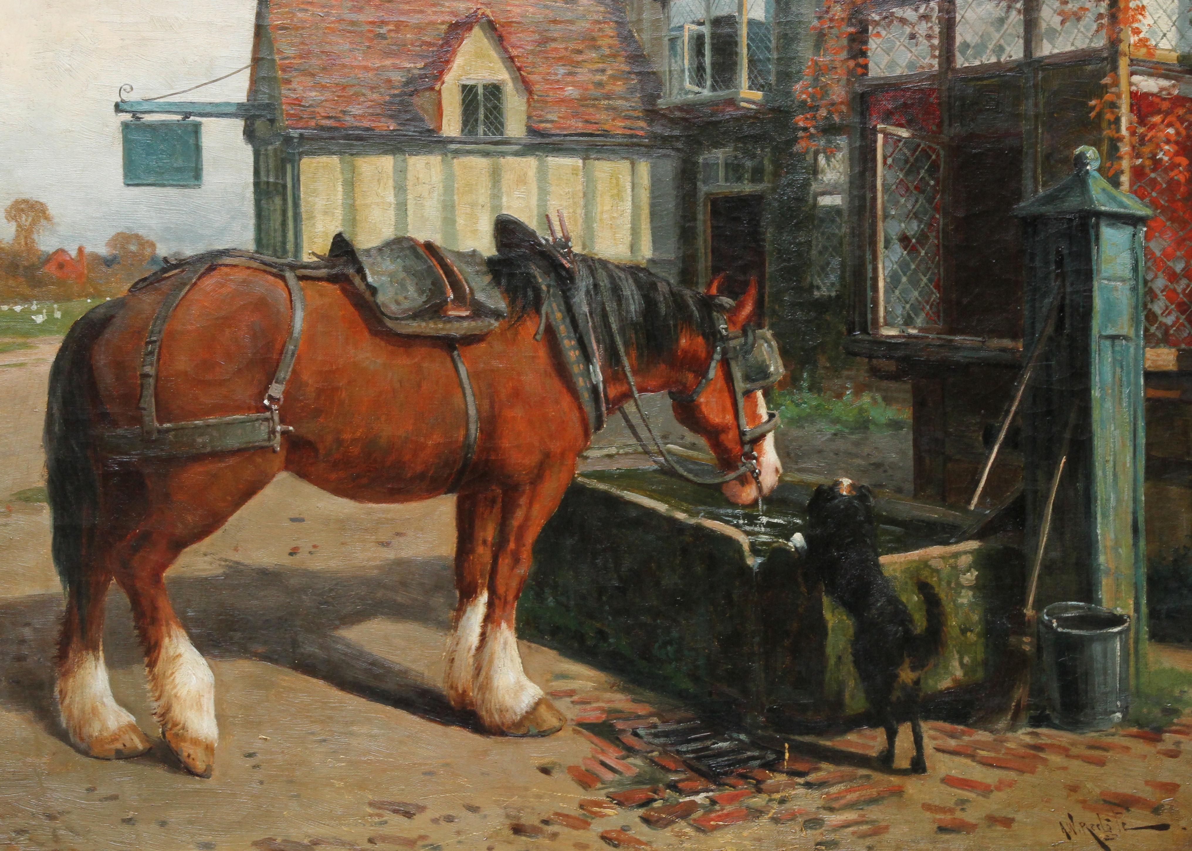 Farm Horse at Trough before a Tavern - British Victorian animal art oil painting - Realist Painting by Arthur William Redgate