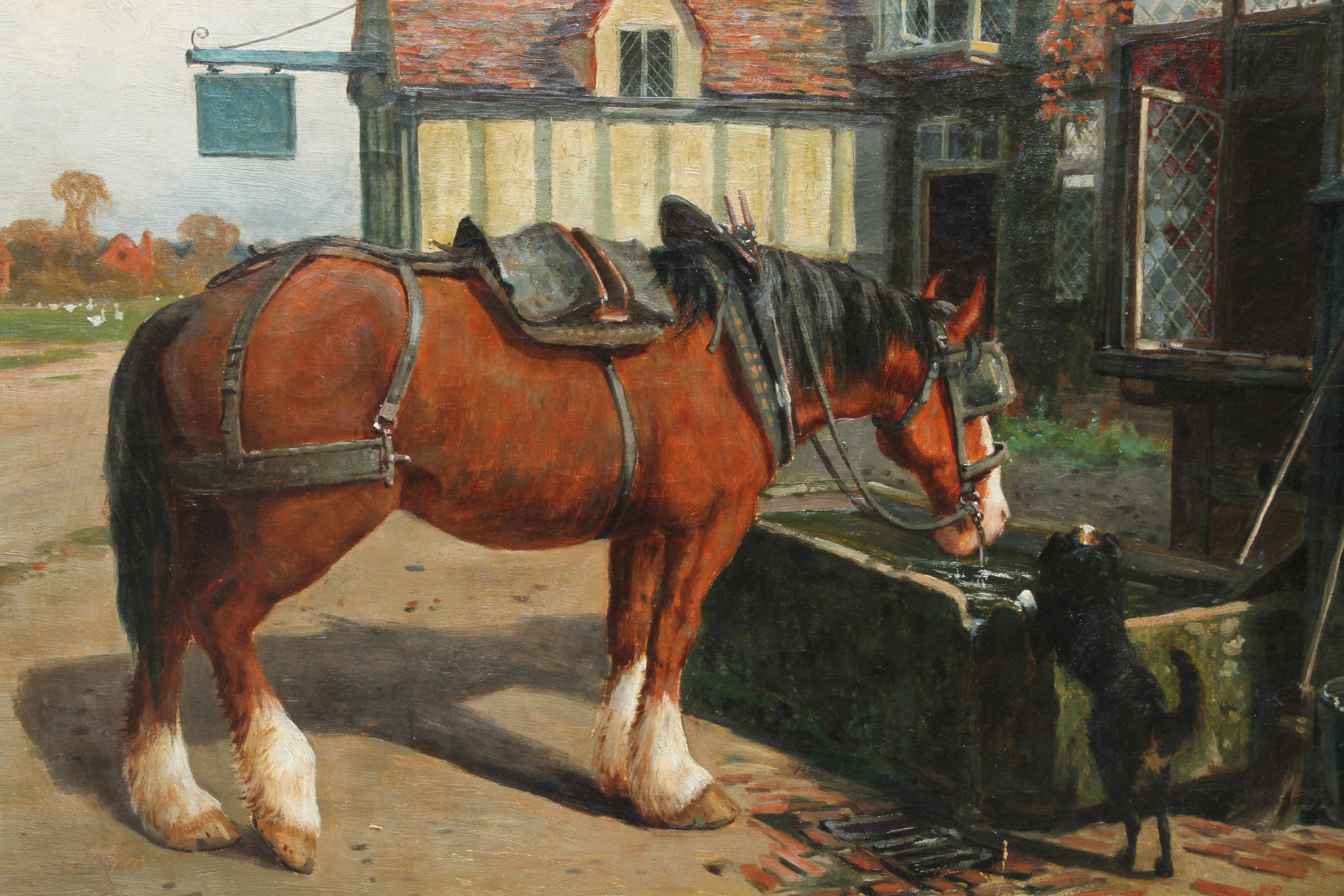 Dieses schöne viktorianische Genre-Ölgemälde stammt von dem bekannten Tiermaler Arthur William Redgate. Die um 1900 gemalte Szene zeigt ein Bauernpferd, das an einer Tränke vor einem Wirtshaus trinkt, während ein Hund zusieht. Der Standort liegt in