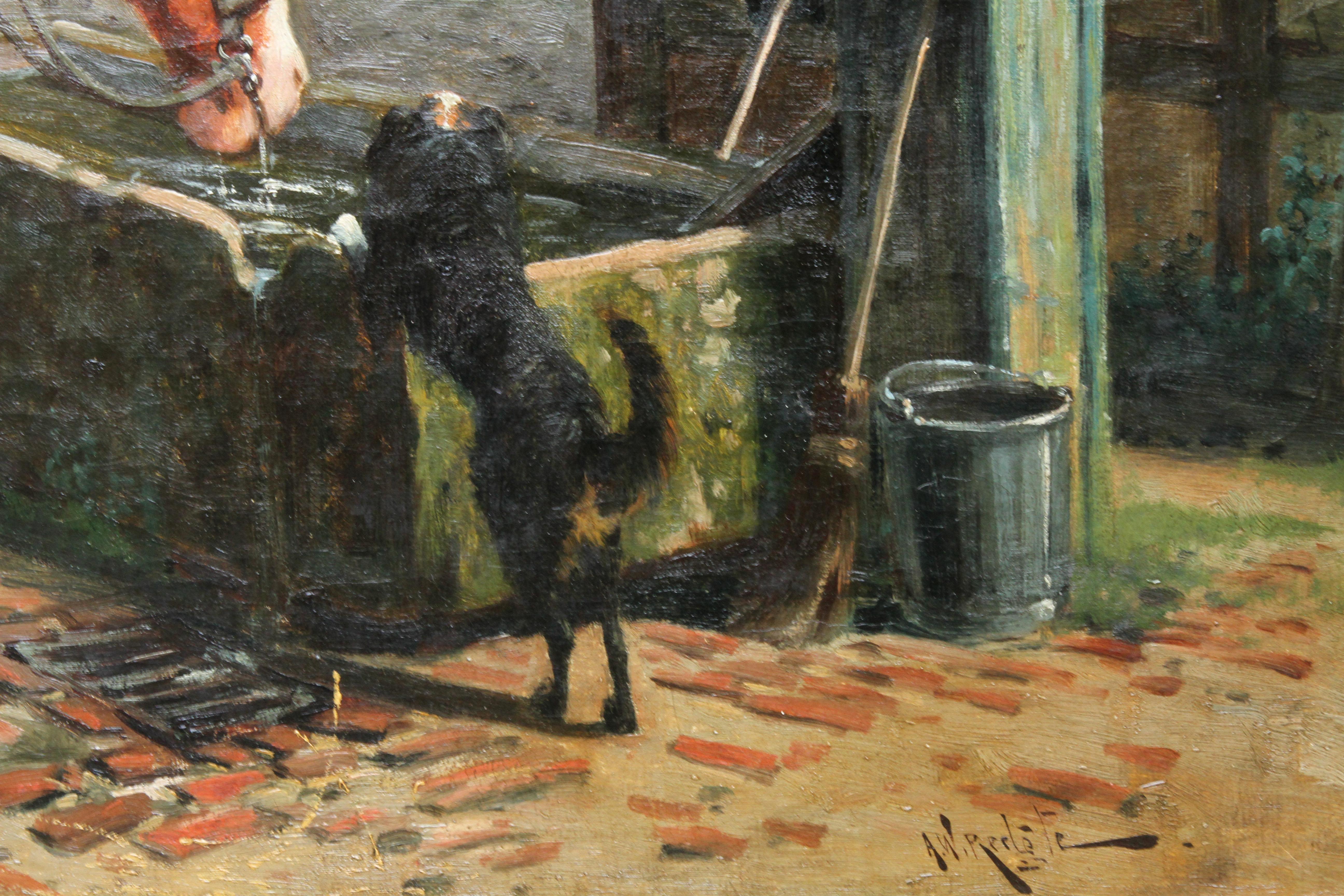 Farm Horse at Trough before a Tavern - British Victorian animal art oil painting For Sale 1