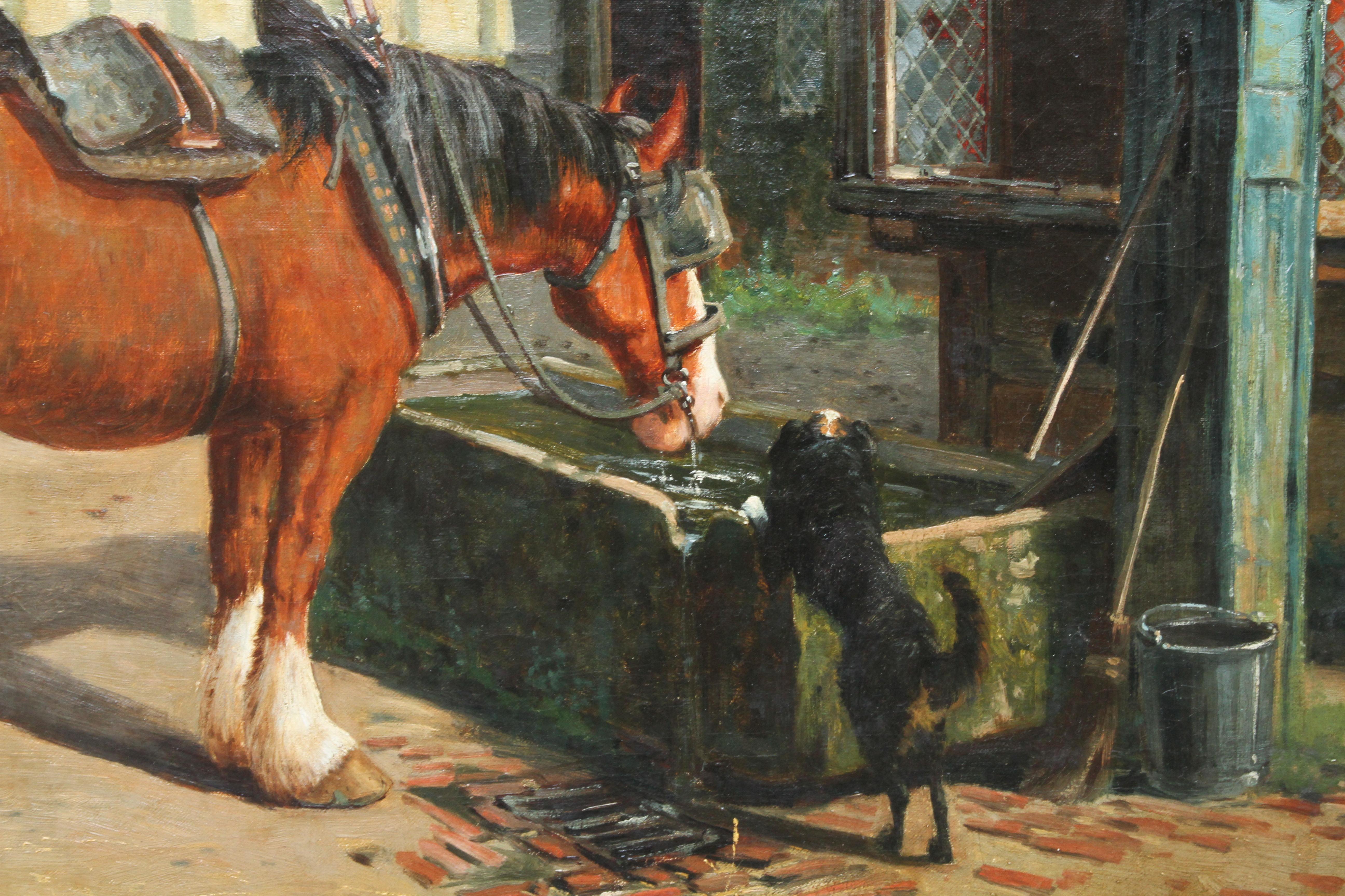 Farm Horse at Trough before a Tavern - British Victorian animal art oil painting For Sale 1