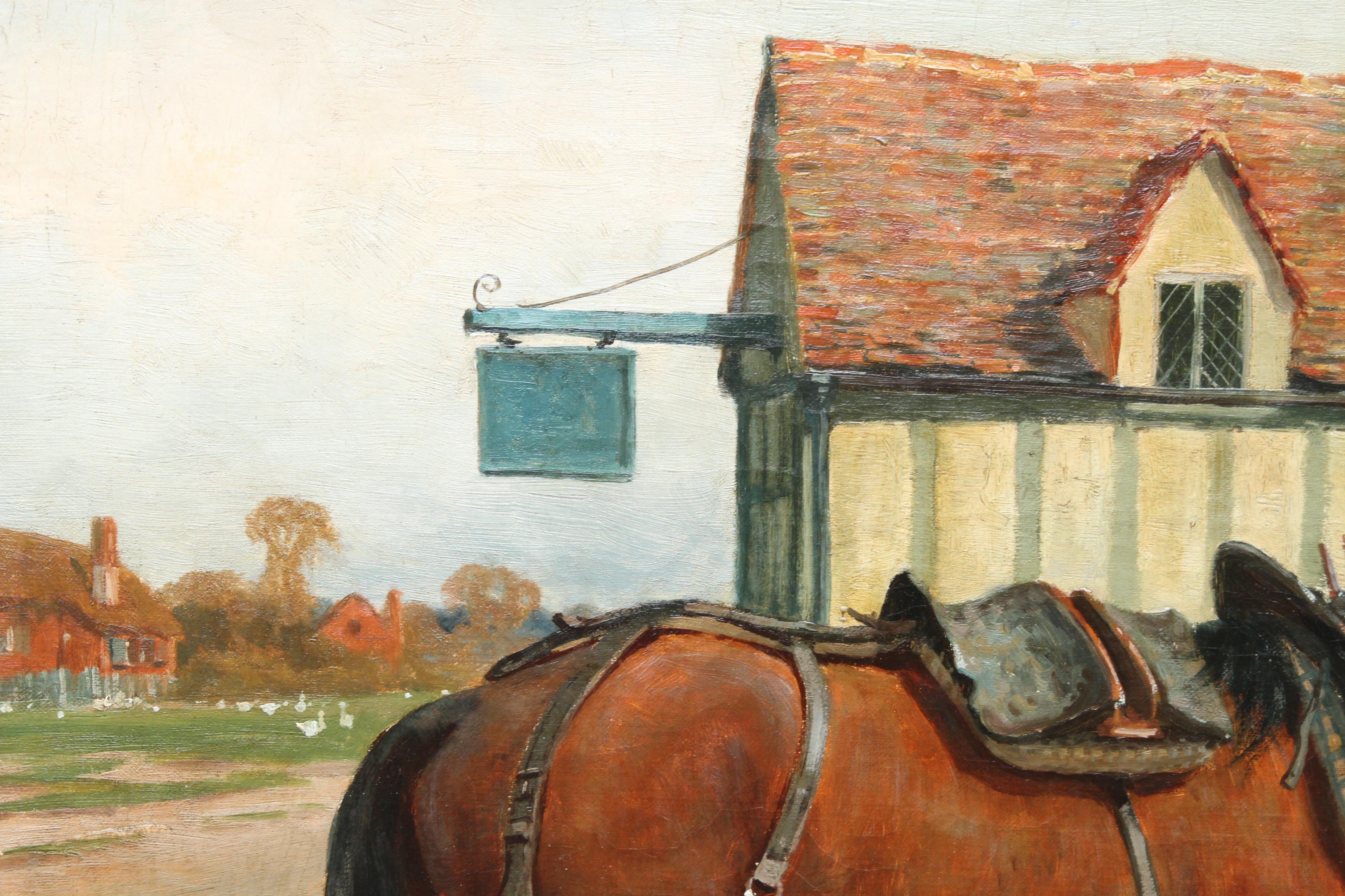 Cheval de ferme à l'auge devant une taverne - peinture à l'huile d'art animalier de l'époque victorienne britannique en vente 3