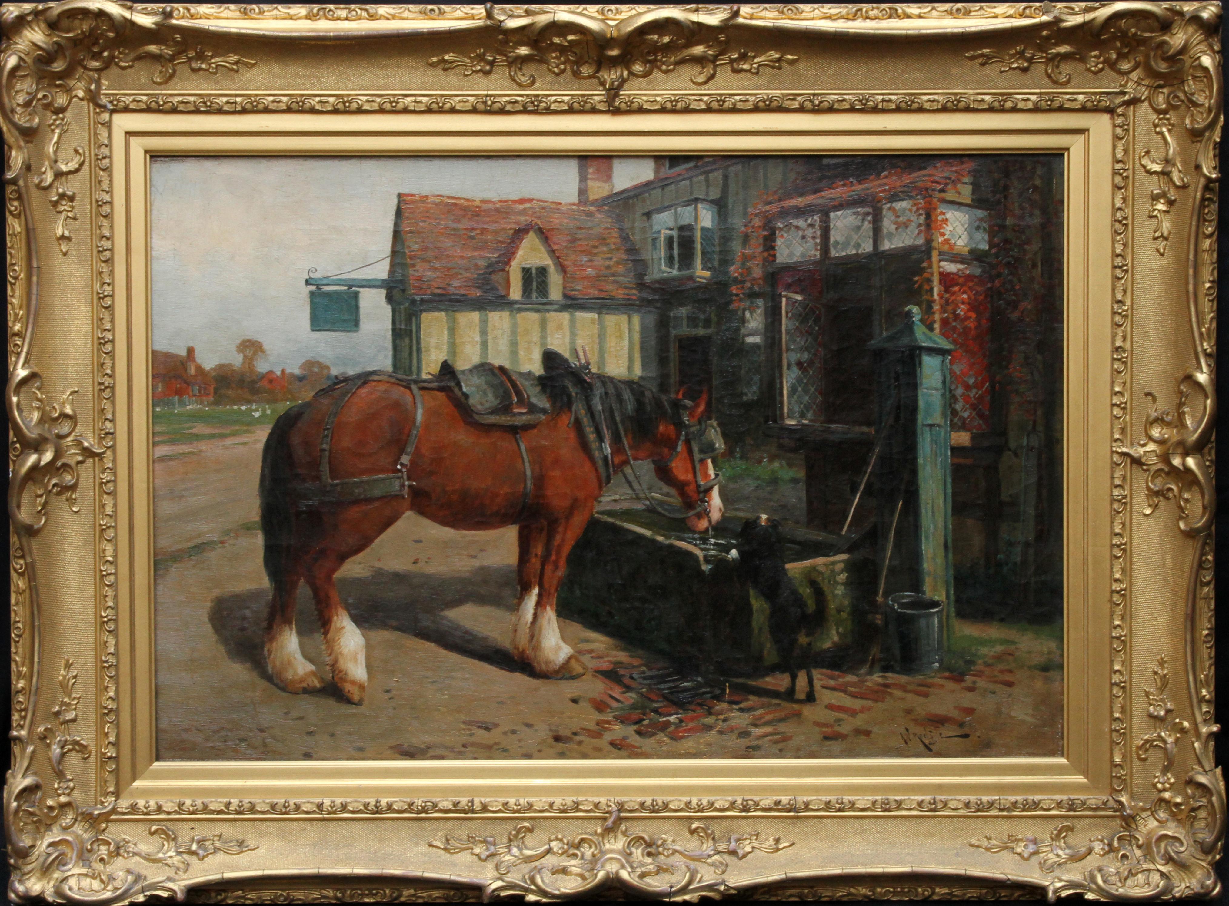 Arthur William Redgate Animal Painting - Farm Horse at Trough before a Tavern - British Victorian animal art oil painting
