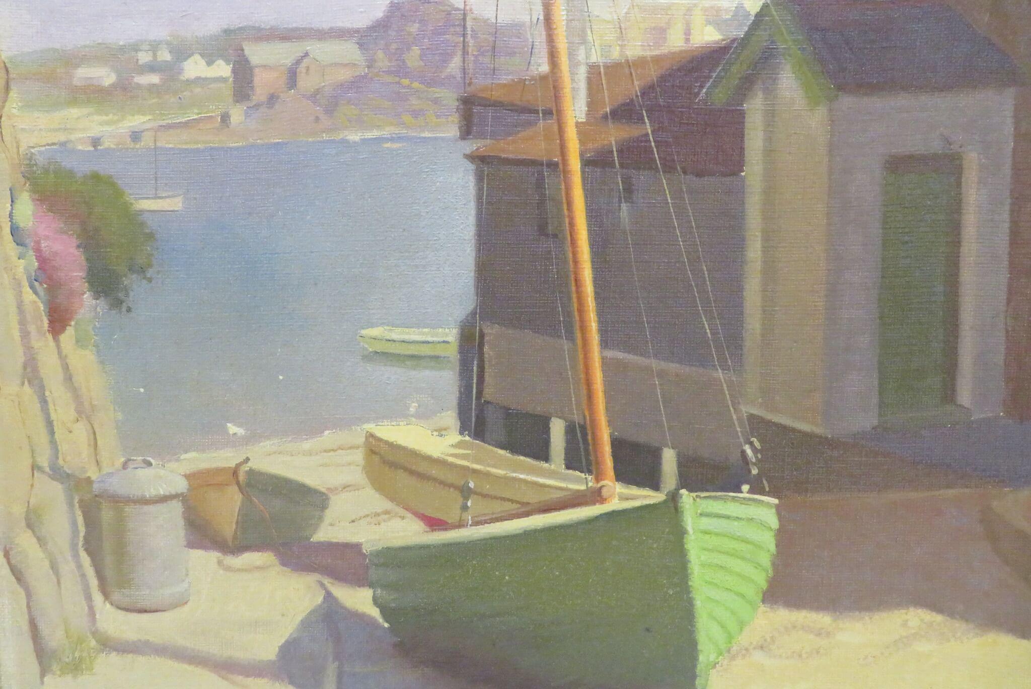 Original English Mid 20th Century Oil Painting - Cornish Coastal Fishing Village 3