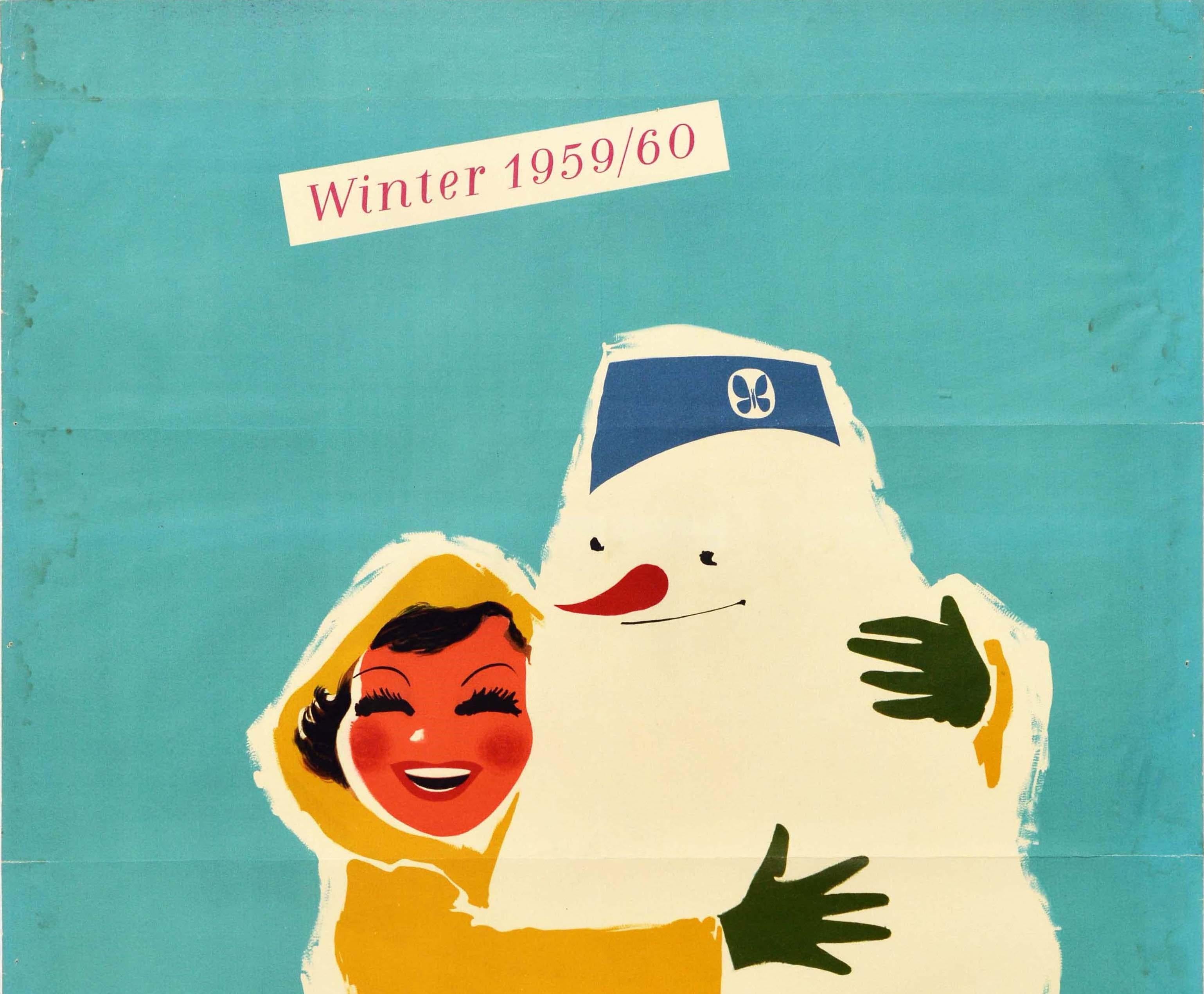 Original Vintage German Railway Poster Touropa Winter Holidays Travel Snowman - Print by Arthur Zelger