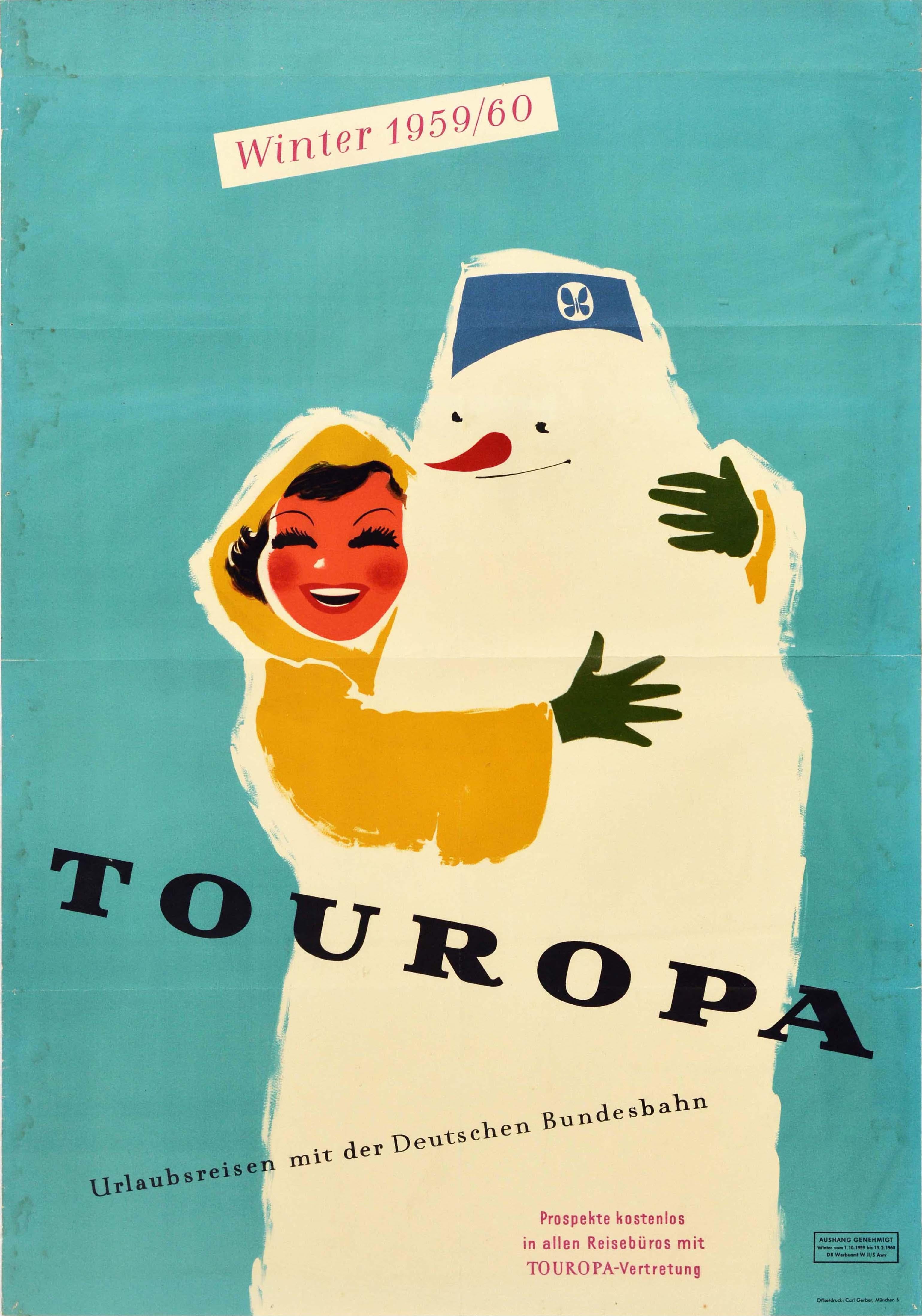 Original Vintage German Railway Poster Touropa Winter Holidays Travel Snowman