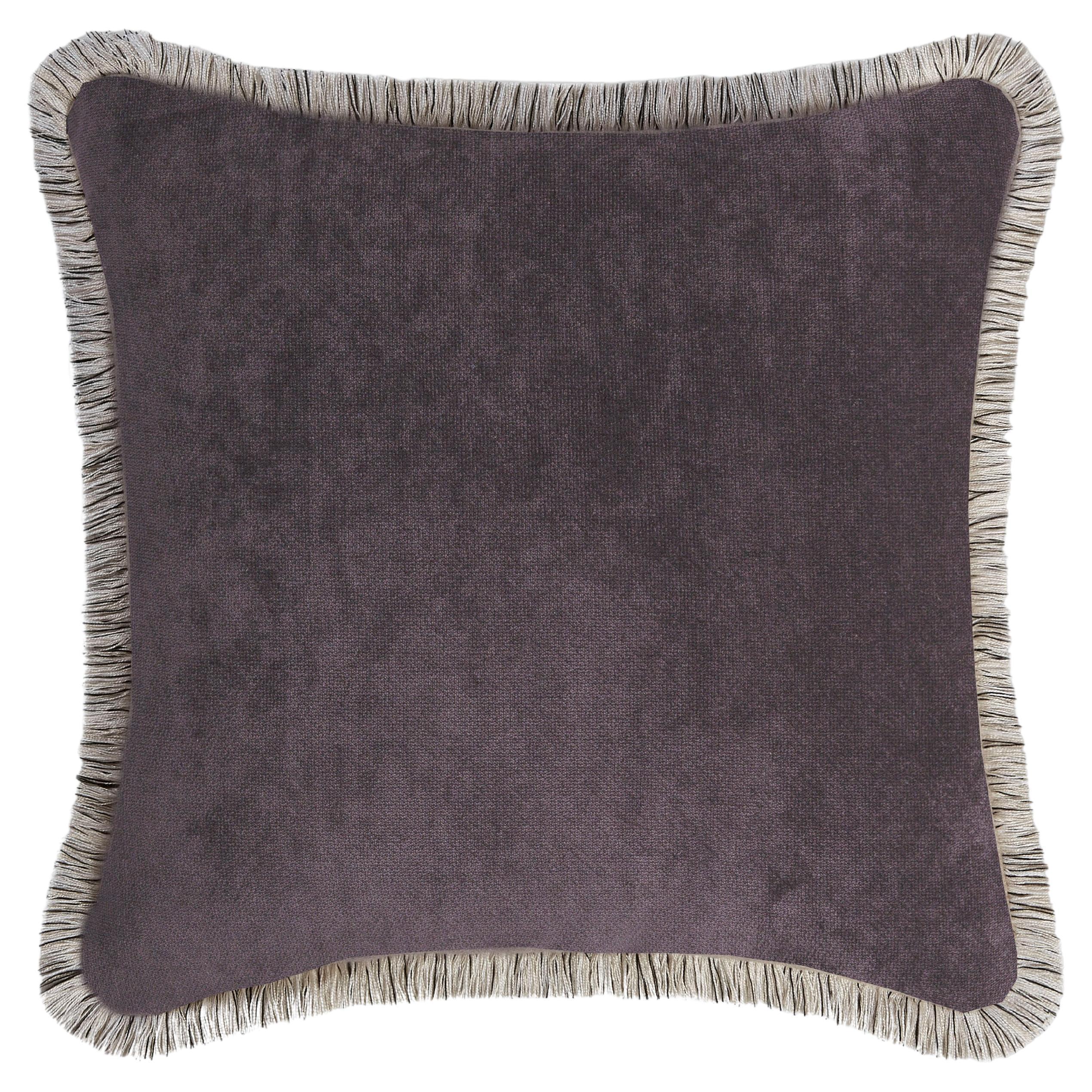 Coussin en velours gris Artic Happy avec franges multicolores