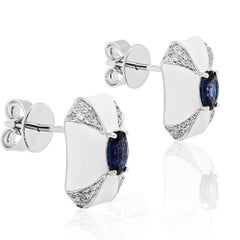 ''Artic Ice'' Enamel Vivid Blue Sapphire Stud Designer Earring 18K