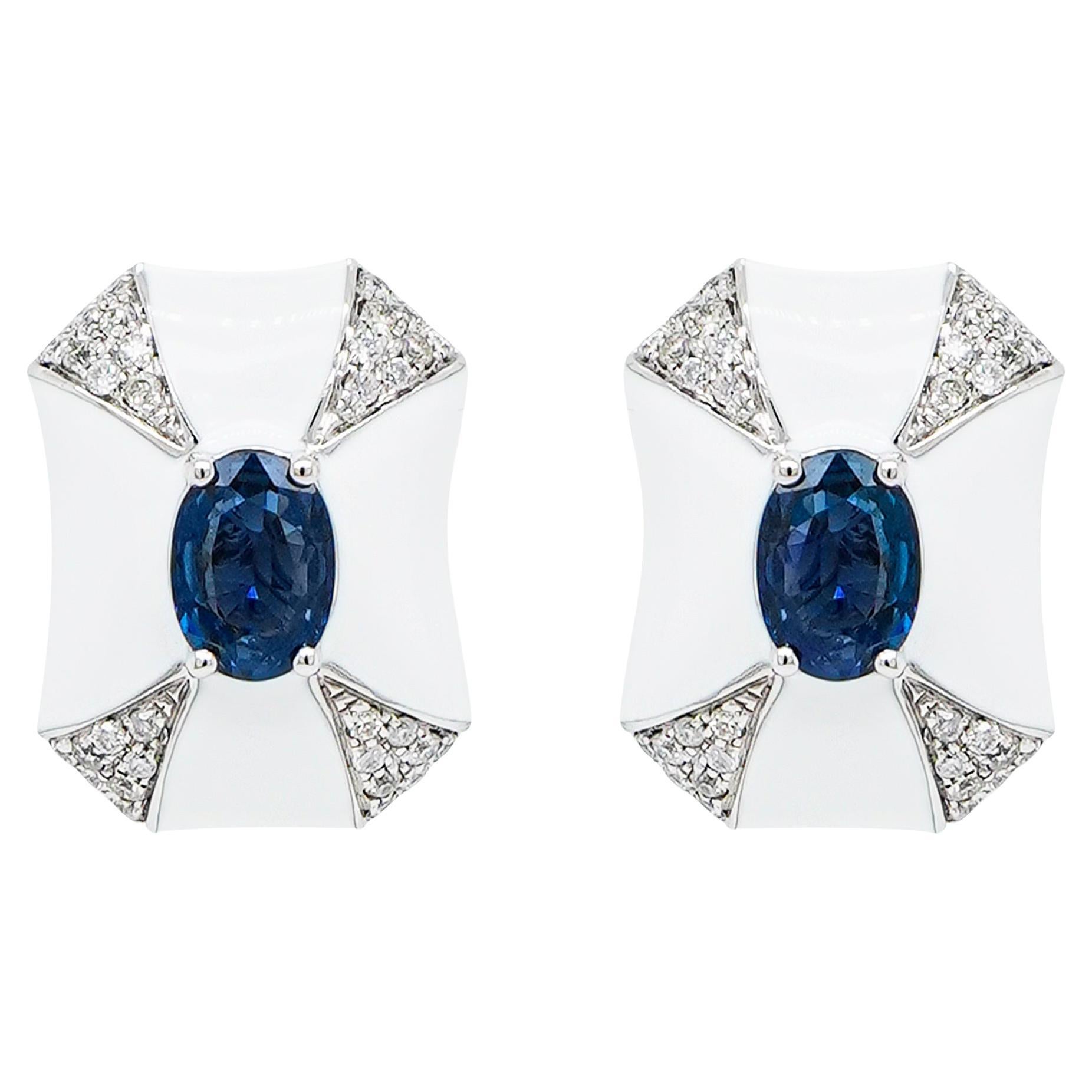 ''Artic Ice'' Enamel Vivid Blue Sapphire Stud Designer Earring 18K For Sale