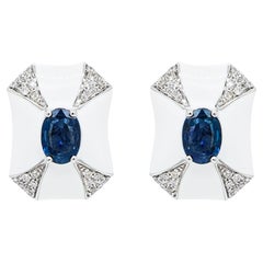 ''Artic Ice'' Enamel Vivid Blue Sapphire Stud Designer Earring 18K