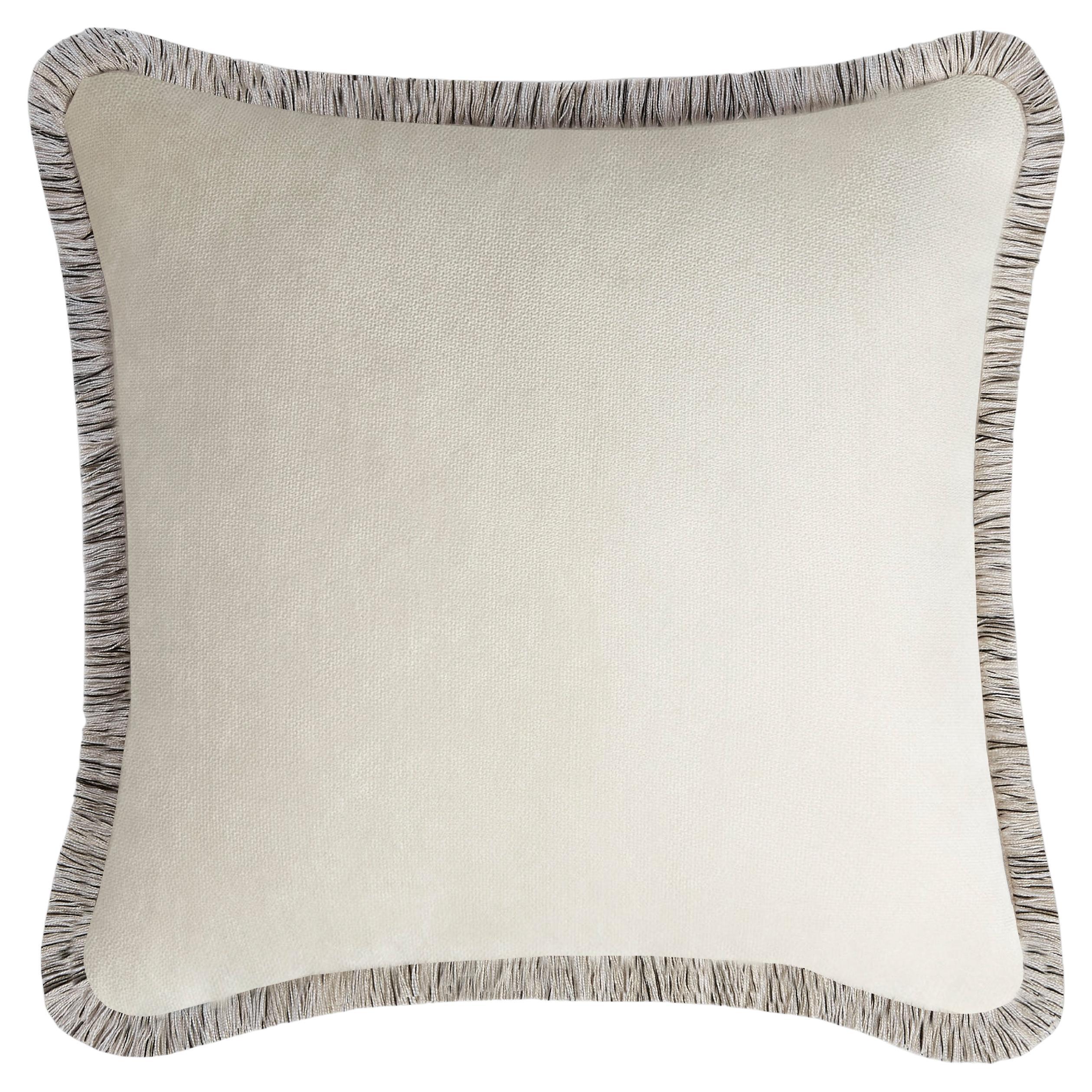 Artic White Happy Velvet Pillow with Multicolour Fringes