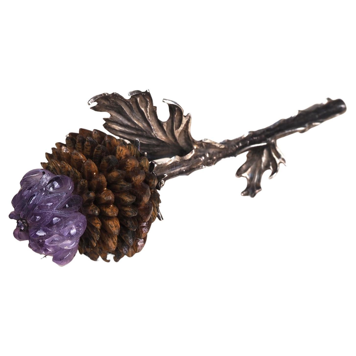 Artichoke Brooch Carved Amethyst Wood Gemstones Modern