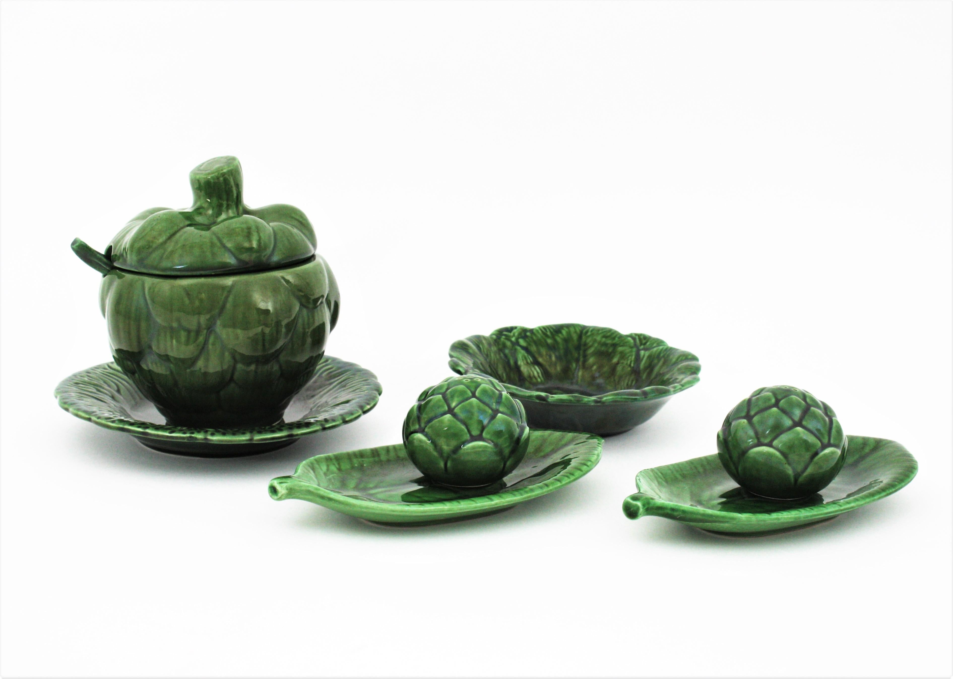 Spanish Artichoke Set of Glazed Ceramic Tableware Pieces, 1960s For Sale