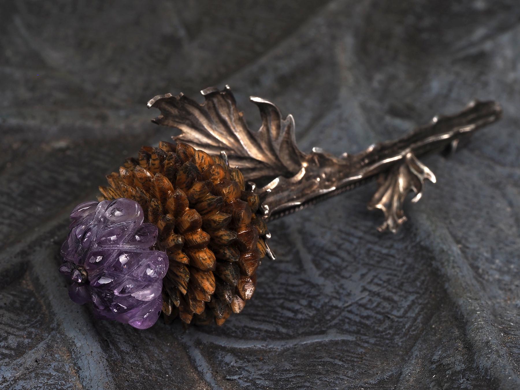 Artichoke Silver Brooch Carved Amethyst Wood Nature inspired 5