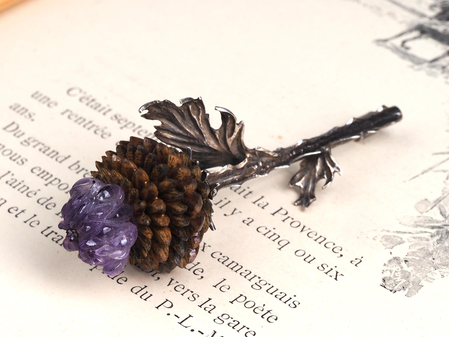 Artichoke Silver Brooch Carved Amethyst Wood Nature inspired 6