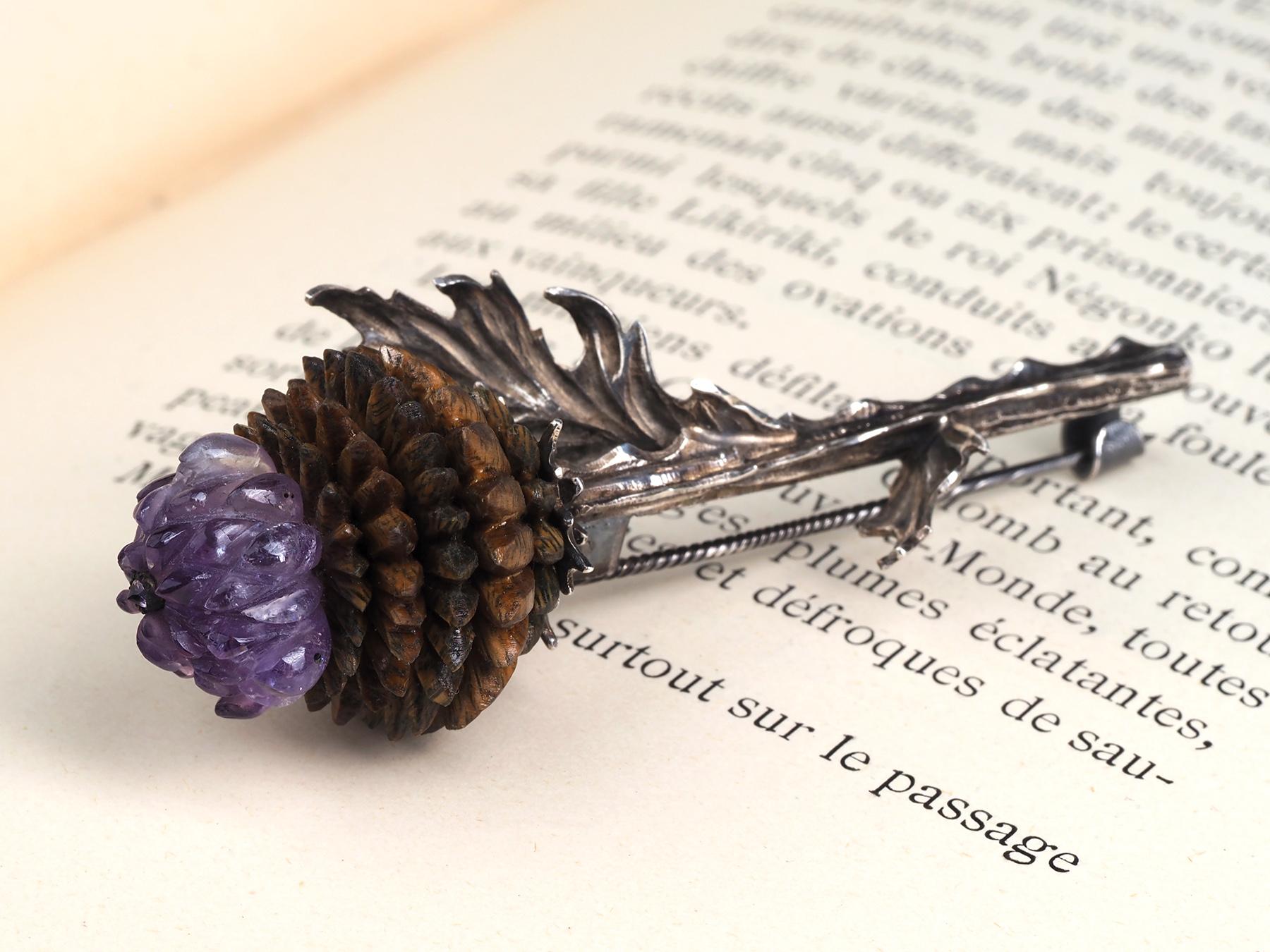Artichoke Silver Brooch Carved Amethyst Wood Nature inspired 7
