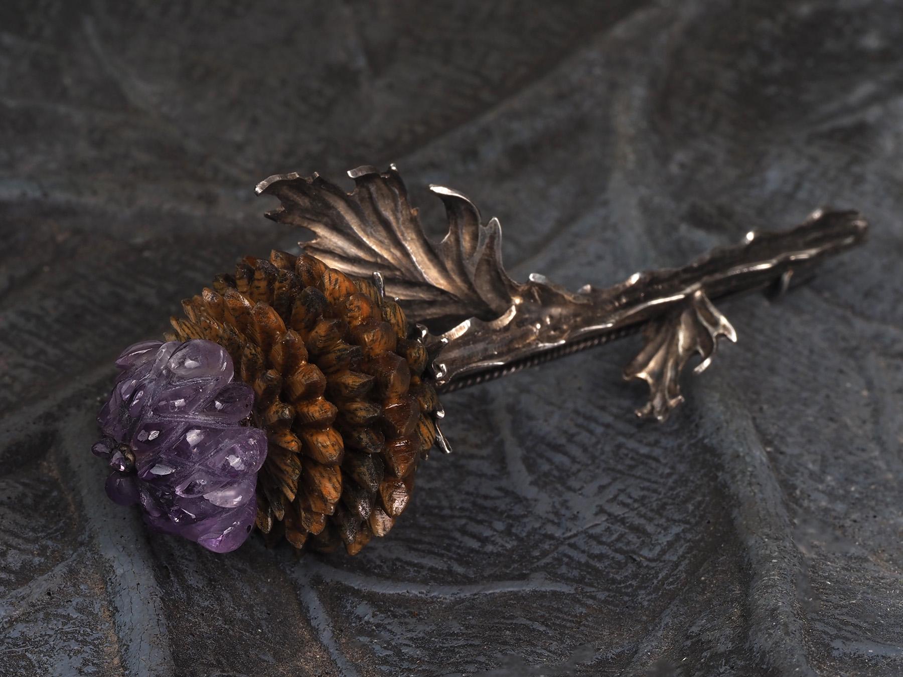 Artichoke Silver Brooch Carved Amethyst Wood Nature inspired 9