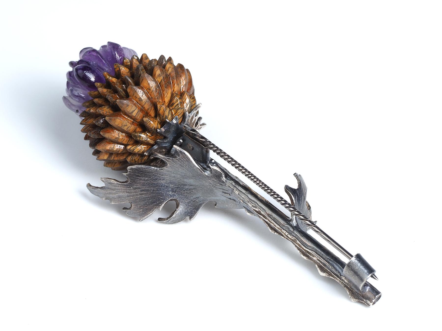 Artichoke Silver Brooch Carved Amethyst Wood Nature inspired In New Condition In Berlin, DE