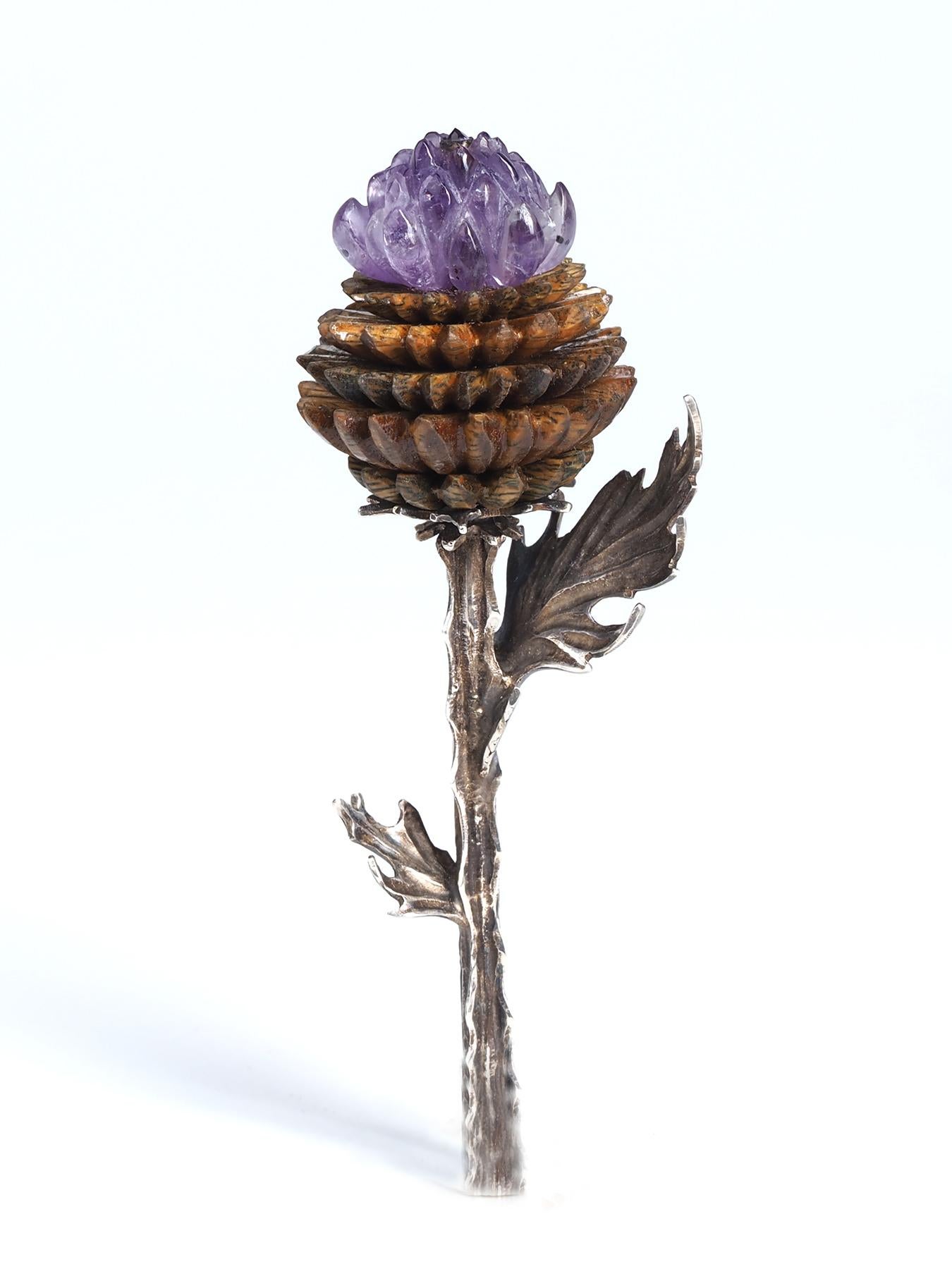 Artichoke Silver Brooch Carved Amethyst Wood Nature inspired 1