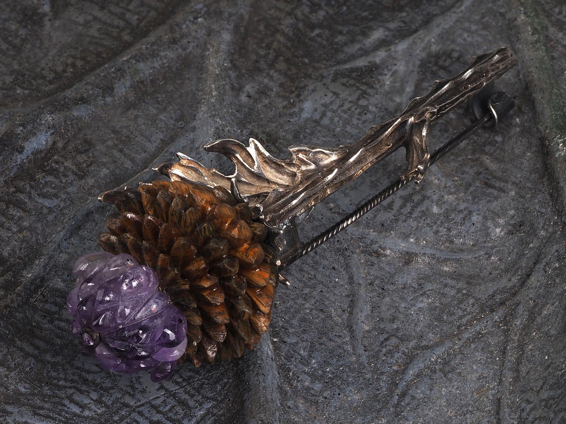 Art Nouveau Artichoke Silver Brooch Carved Amethyst Wood Nature inspired