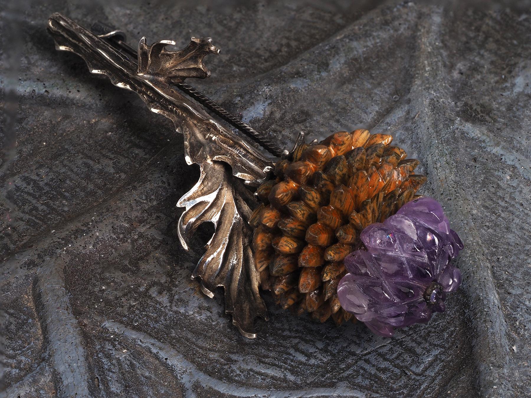 Artichoke Silver Brooch Carved Amethyst Wood Nature inspired 2