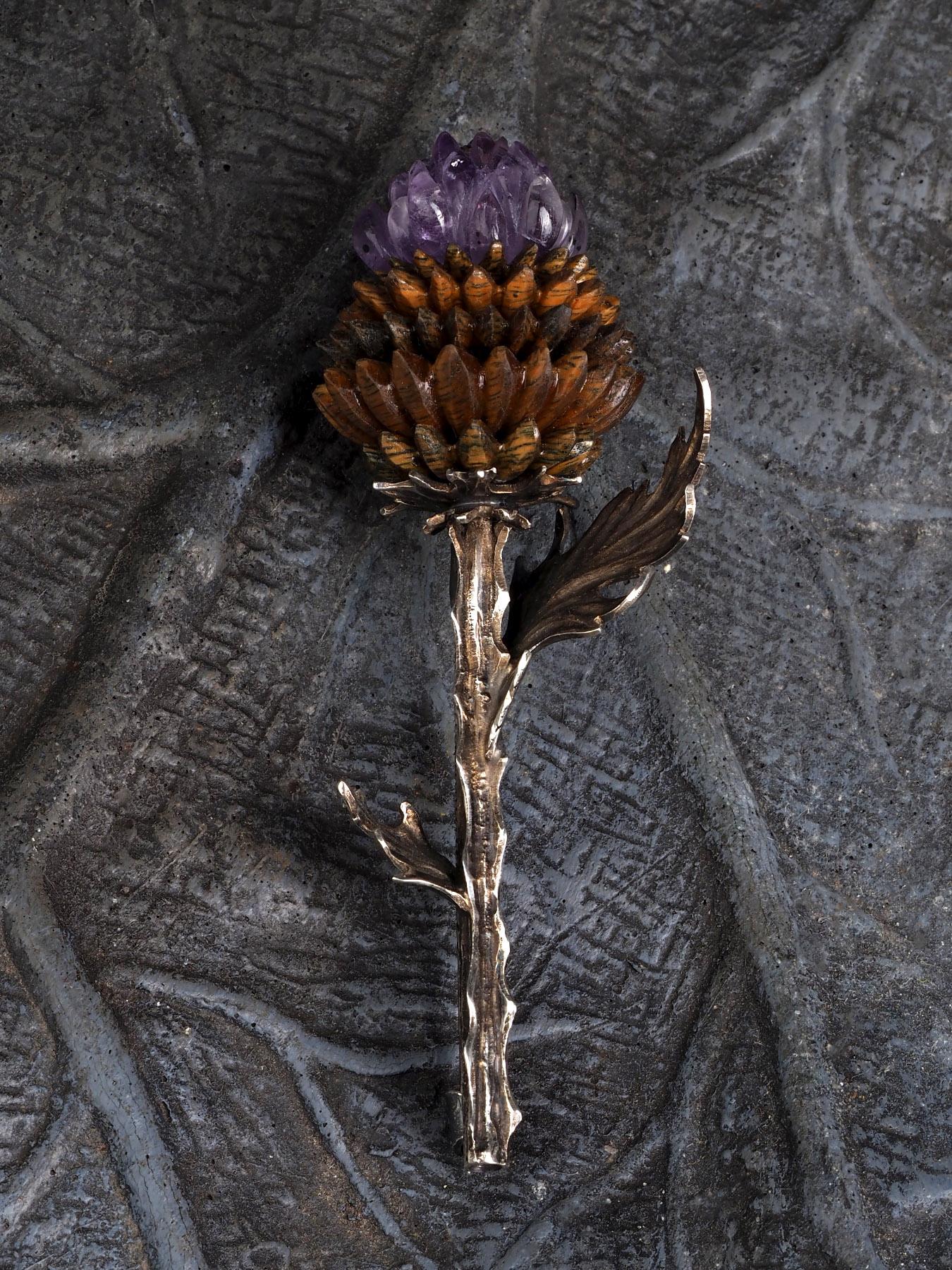 Artichoke Silver Brooch Carved Amethyst Wood Nature inspired 3