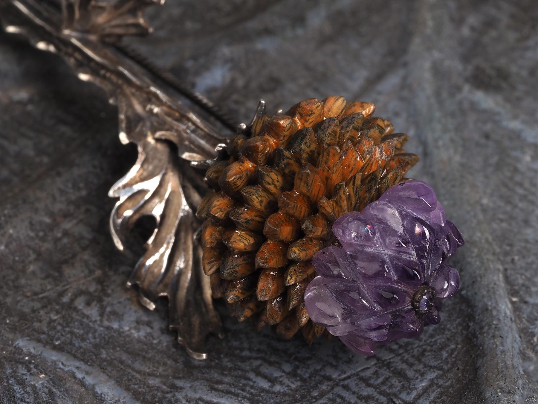 Artichoke Silver Brooch Carved Amethyst Wood Nature inspired 4