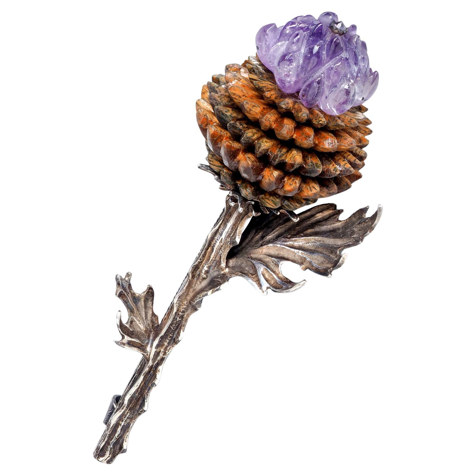 Artichoke Silver Brooch Carved Amethyst Wood Nature inspired