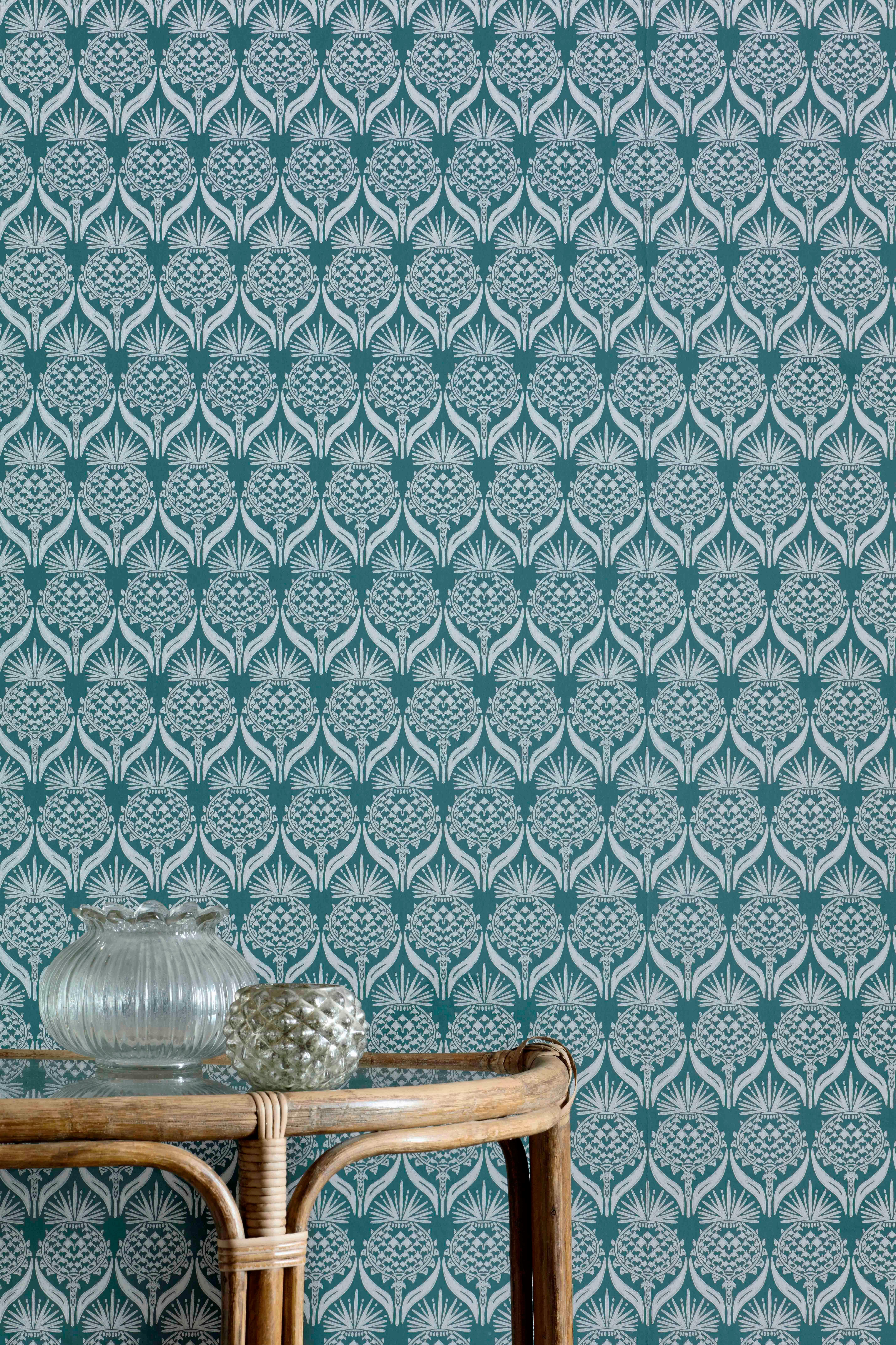 British 'Artichoke Thistle' Contemporary, Traditional Wallpaper in Teal For Sale