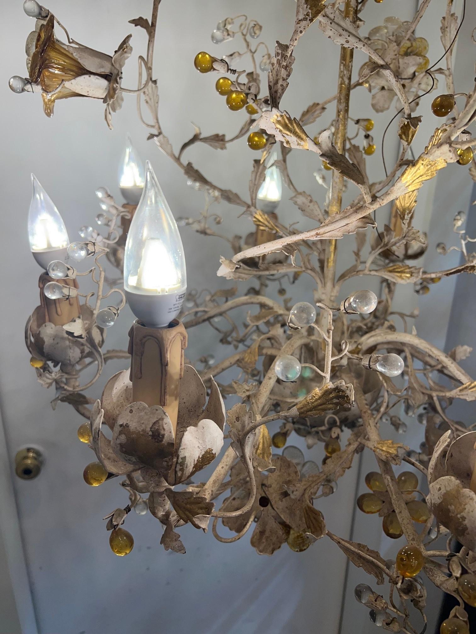  Articolo 8 Light Italian Hand Made Iron Chandelier with Crystal Flowers  In Good Condition For Sale In Stamford, CT