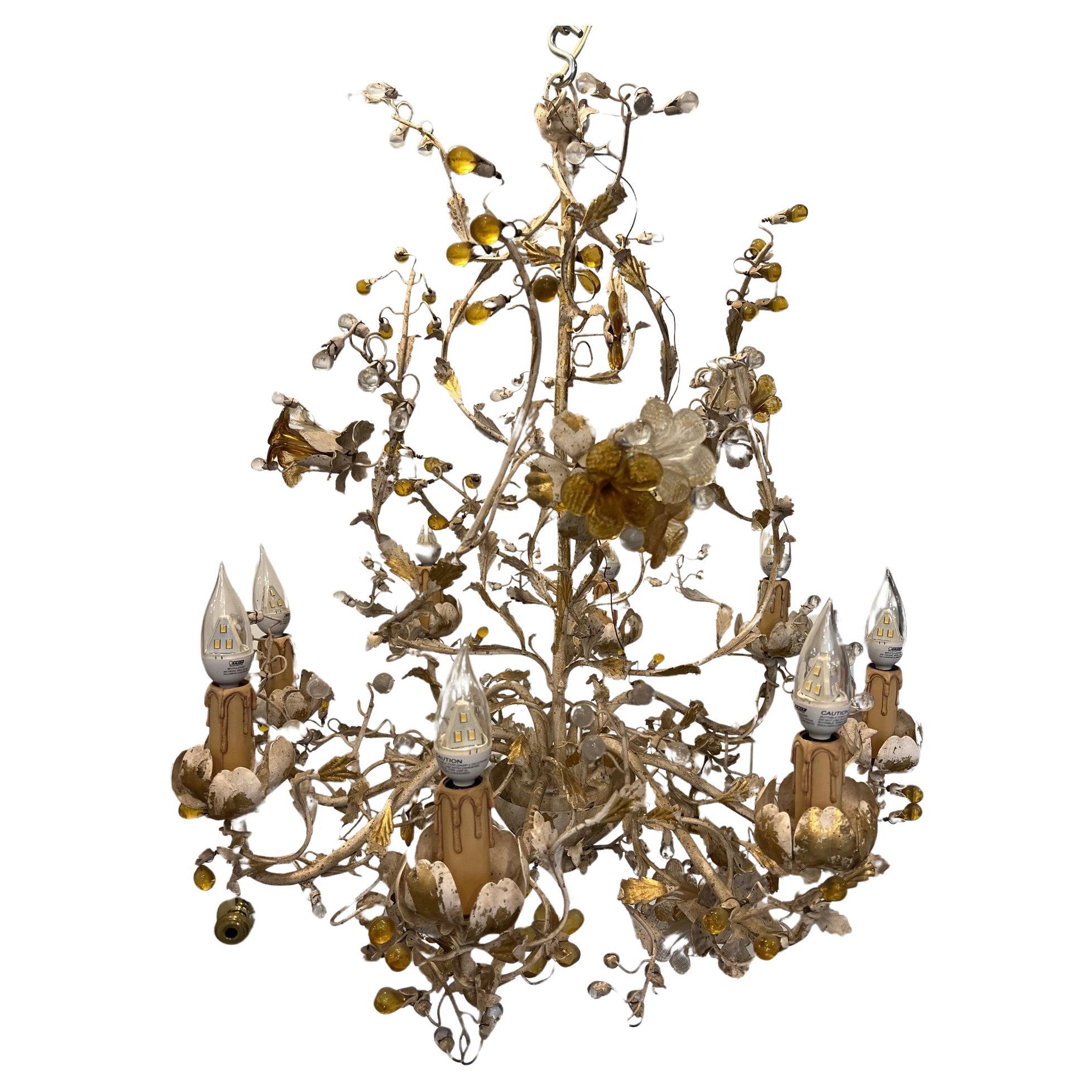  Articolo 8 Light Italian Hand Made Iron Chandelier with Crystal Flowers  For Sale