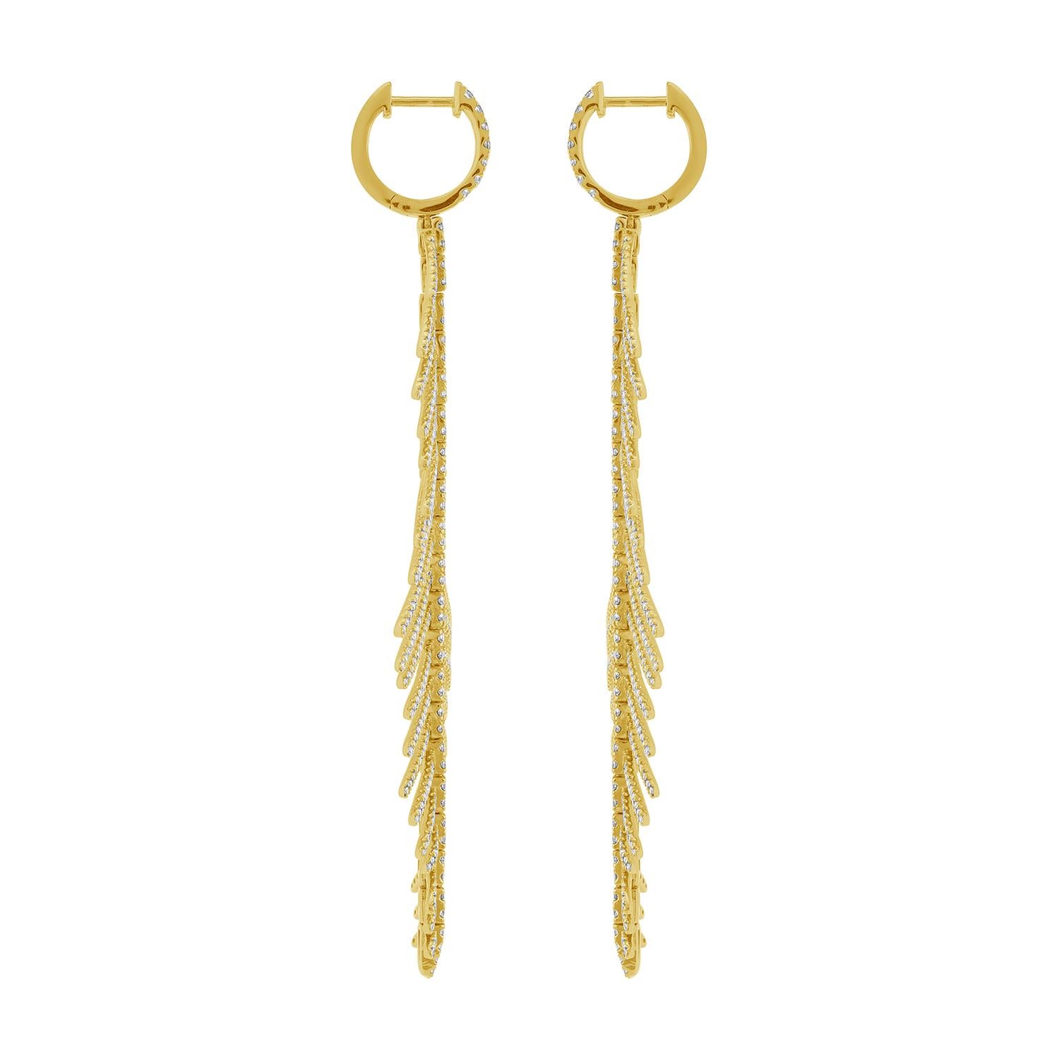 Art Deco Articulate Leaf Pave Diamonds Dangle Earrings Made In 14k Yellow Gold For Sale