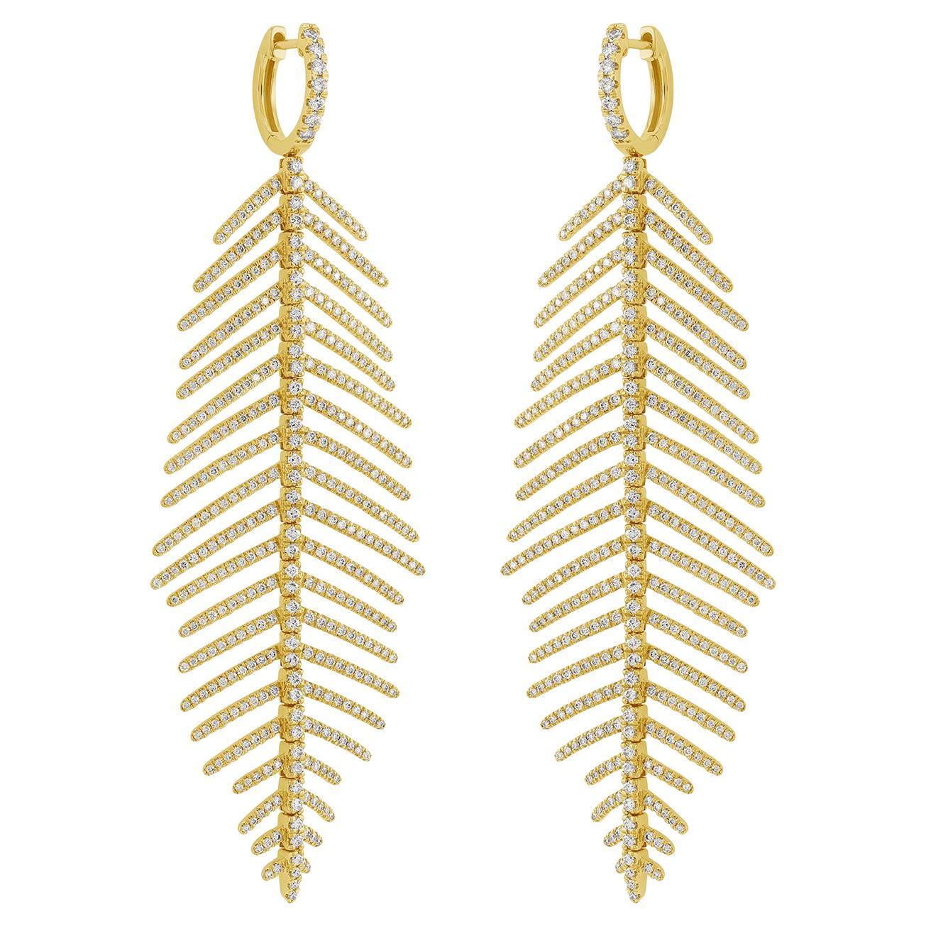 Articulate Leaf Pave Diamonds Dangle Earrings Made In 14k Yellow Gold For Sale