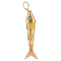 Articulated 14k Gold Fish Charm with Turquoise Eyes