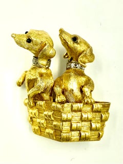 Articulated 18K Gold Diamond Sapphire Dachshund Pups in Basket Brooch, Pendant
