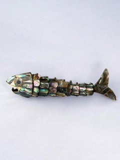 Articulated Abalone shell and Brass Fish Bottle Opener, Mexico, 1980's, 17 cm
