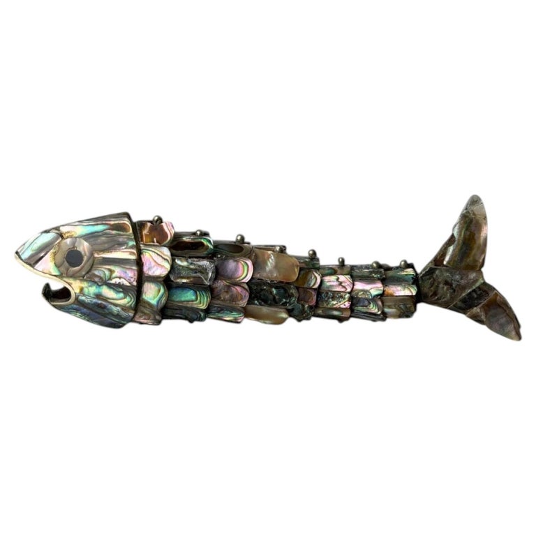 Articulated Abalone shell and Brass Fish Bottle Opener, Mexico, 1980's, 17 cm