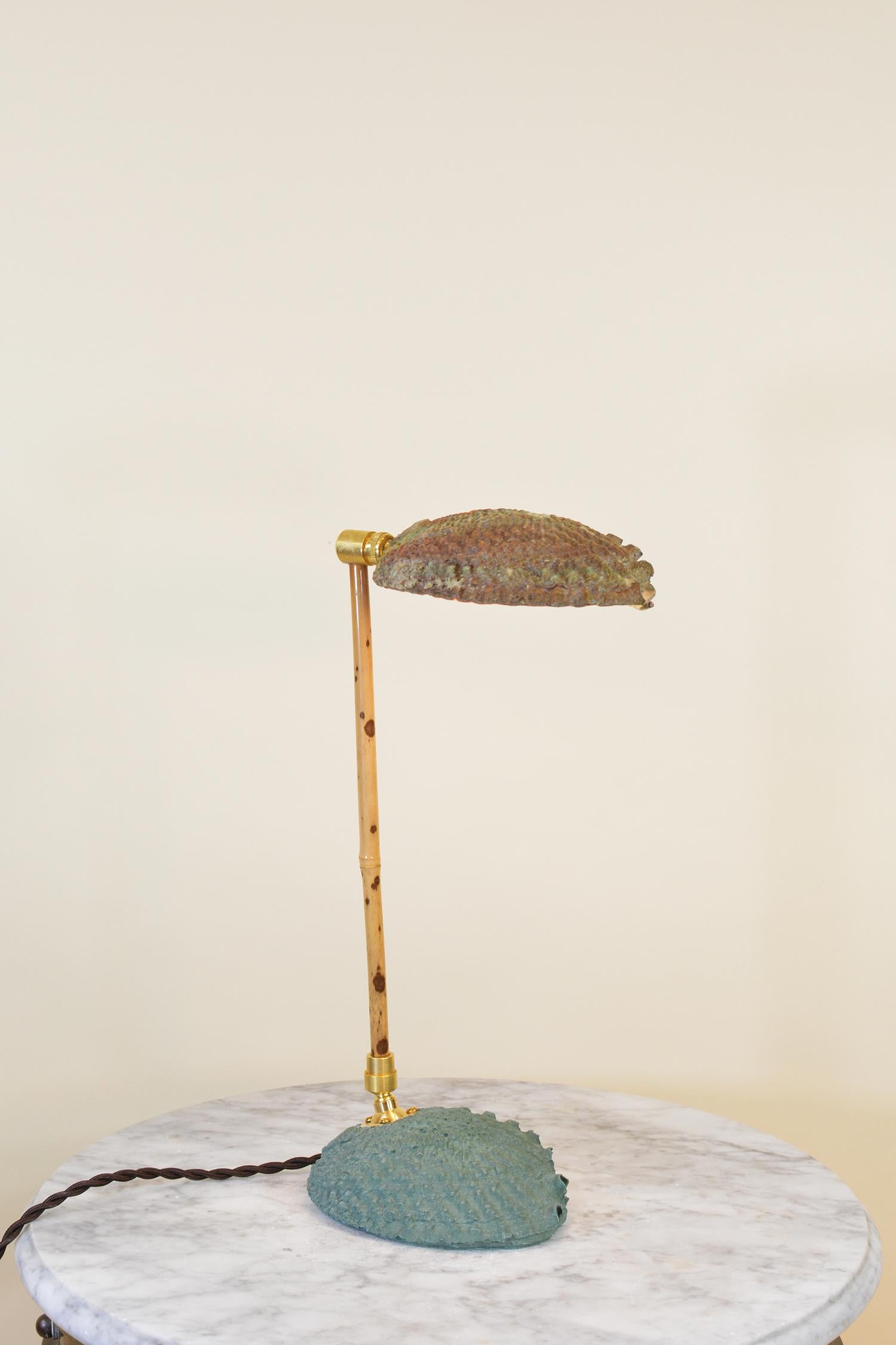 Articulated Bamboo Table Lamp with Plaster Abalone Base and Abalone Shell Shade For Sale 2
