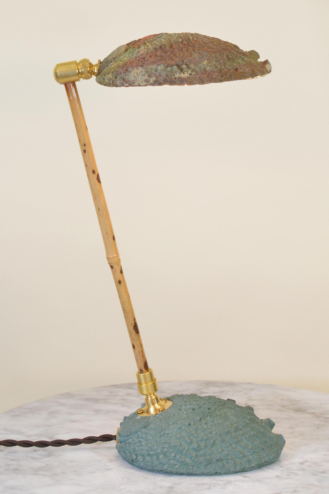 Cast Articulated Bamboo Table Lamp with Plaster Abalone Base and Abalone Shell Shade For Sale