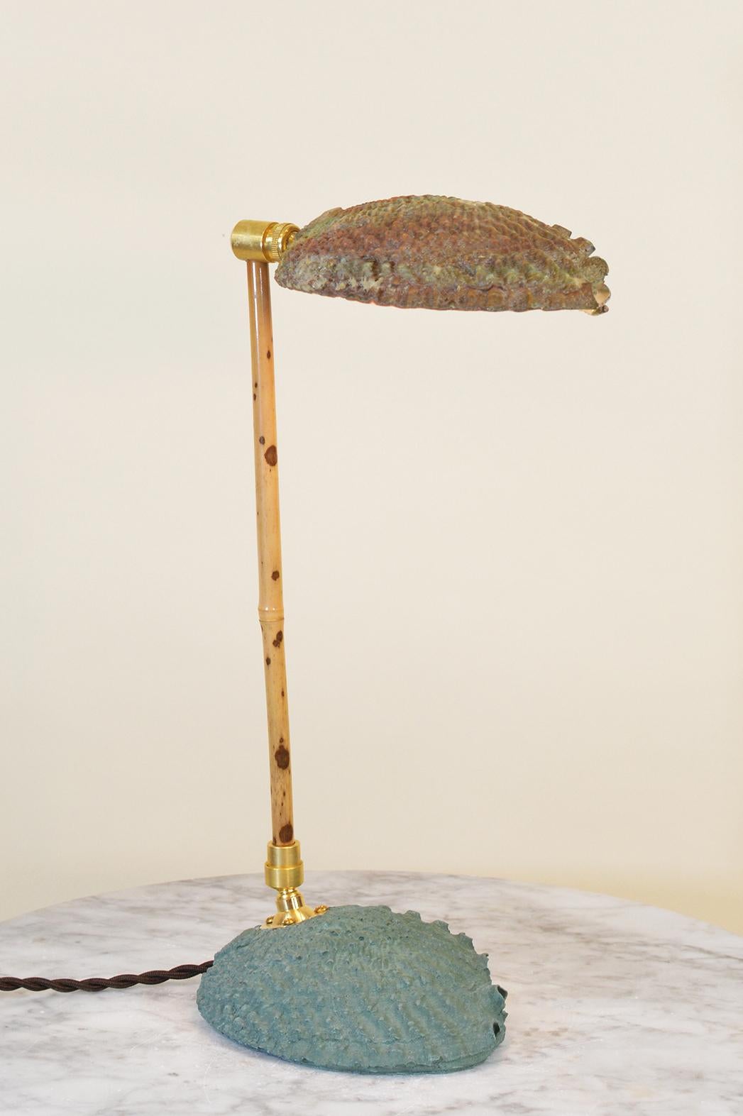 Brass Articulated Bamboo Table Lamp with Plaster Abalone Base and Abalone Shell Shade For Sale
