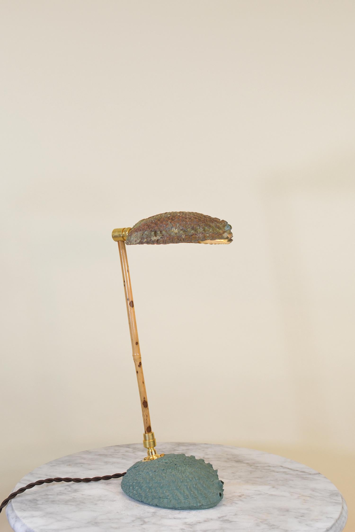 Articulated Bamboo Table Lamp with Plaster Abalone Base and Abalone Shell Shade For Sale 1