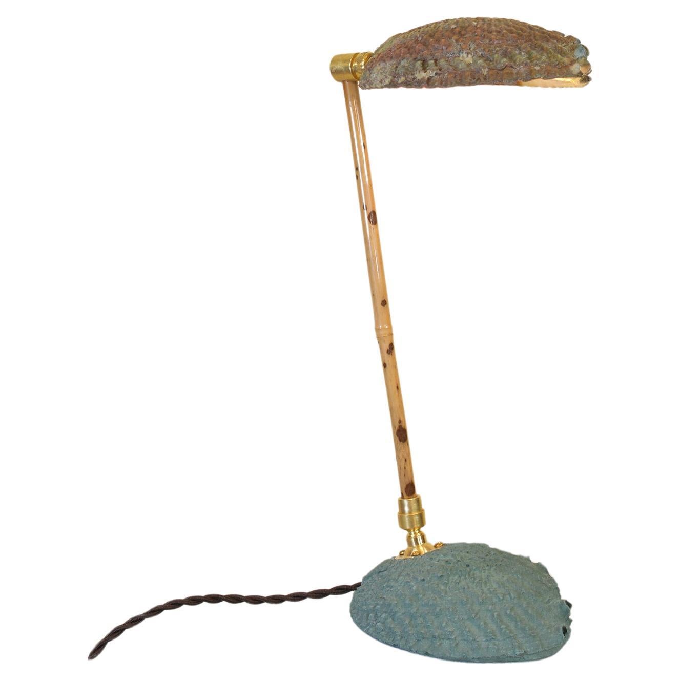 Articulated Bamboo Table Lamp with Plaster Abalone Base and Abalone Shell Shade