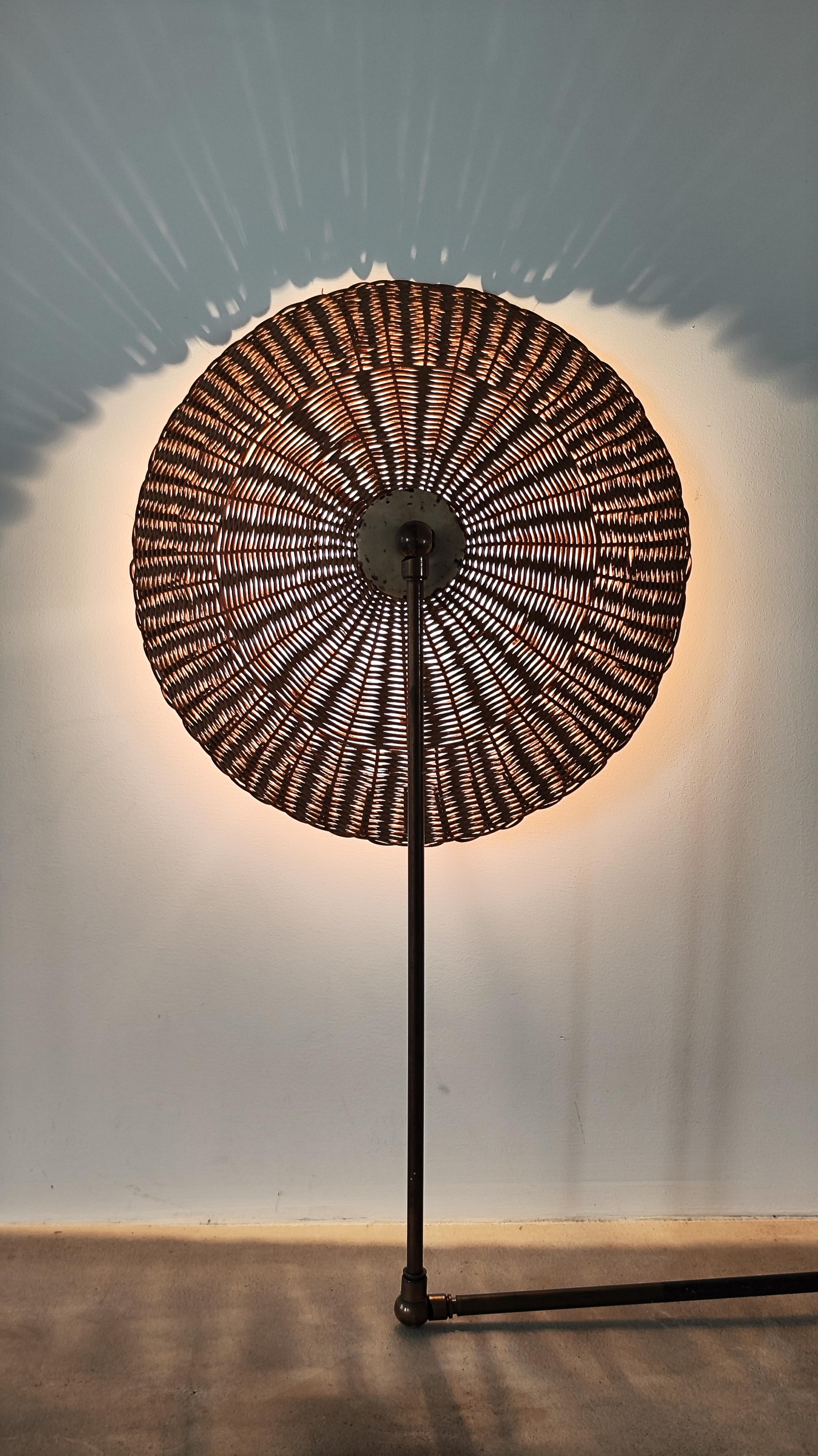 Finnish Articulated Brass and Wicker Lamp circa 1950 Attributed to Paavo Tynell