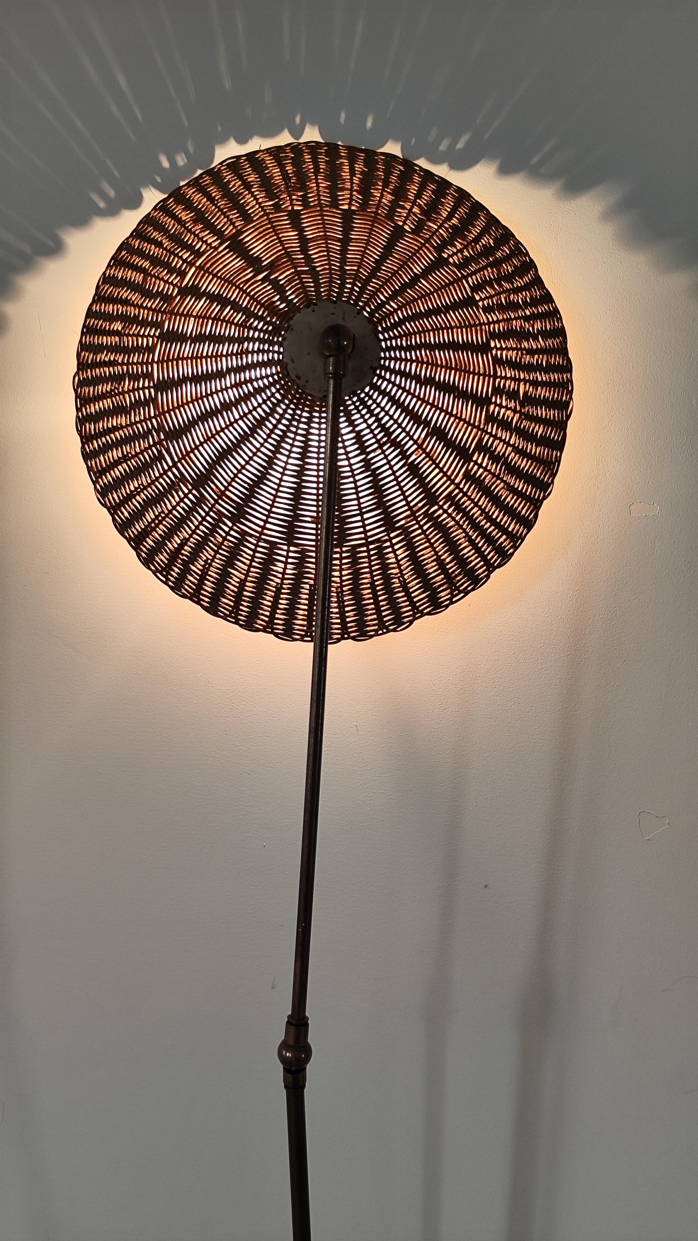 Articulated Brass and Wicker Lamp circa 1950 Attributed to Paavo Tynell 3