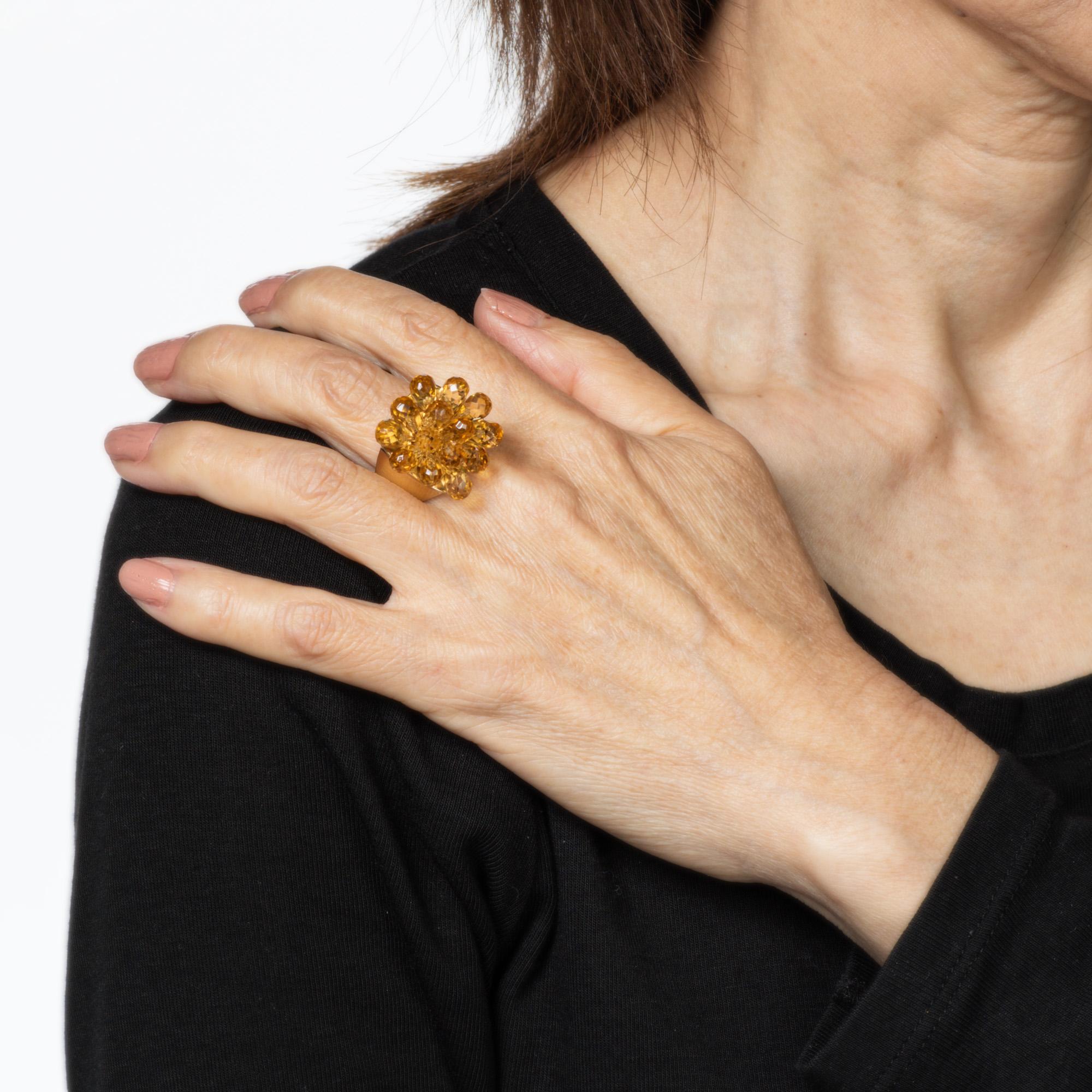 Women's Articulated Briolette Citrine Ring 7 Estate 14k Gold Cocktail Flower Jewelry For Sale