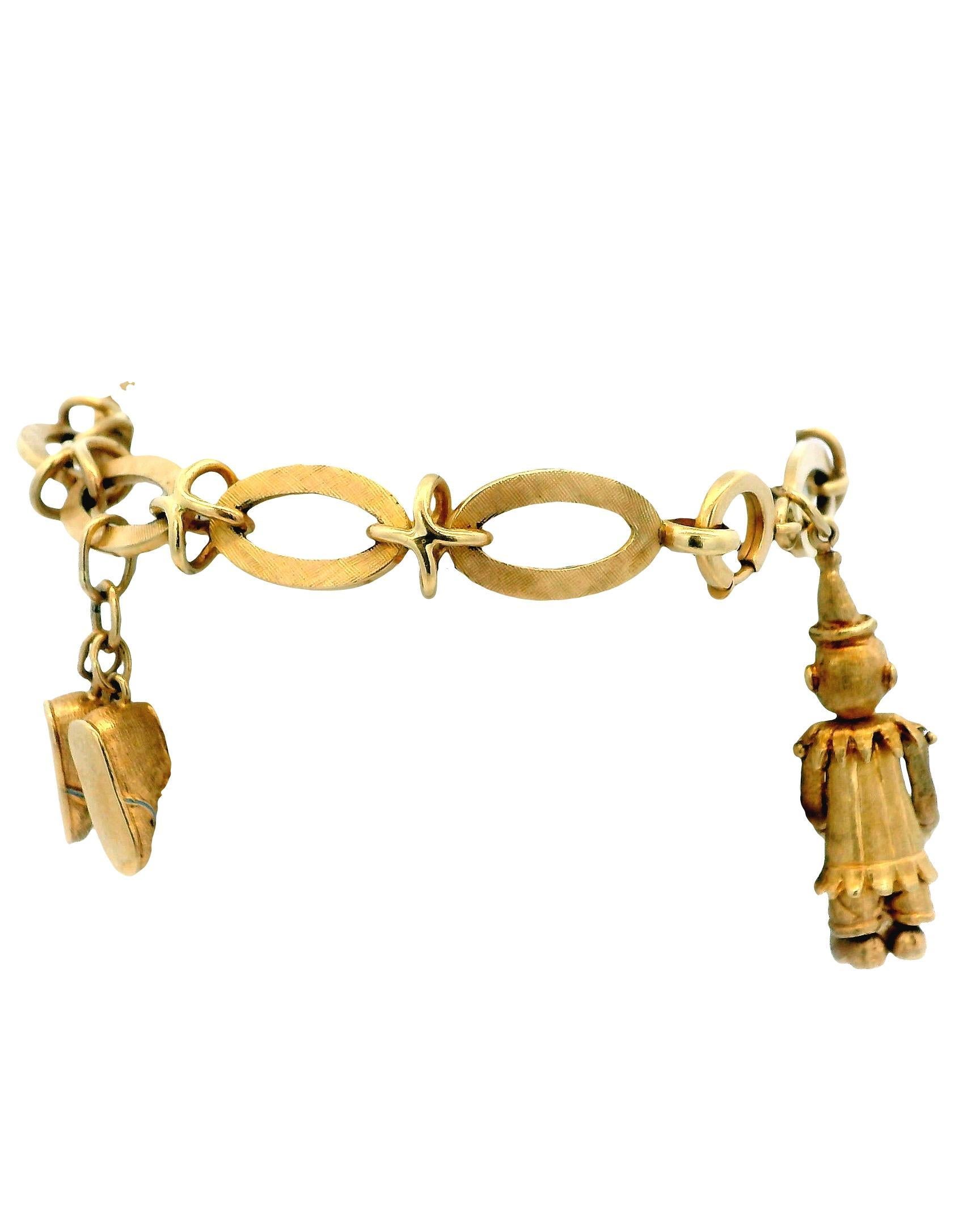 Articulated Clown, Shoes & Disc 14K Charm Bracelet For Sale 1