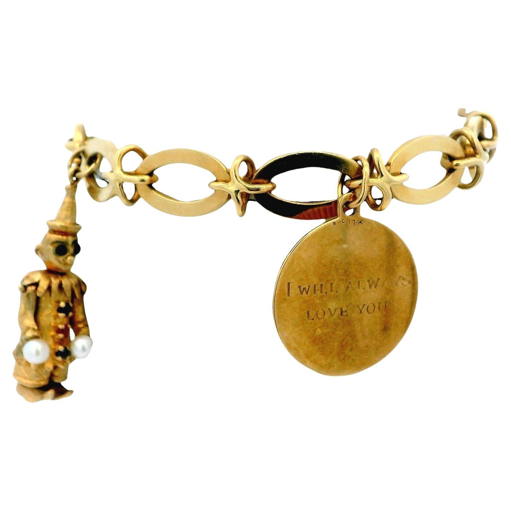 Articulated Clown, Shoes & Disc 14K Charm Bracelet For Sale
