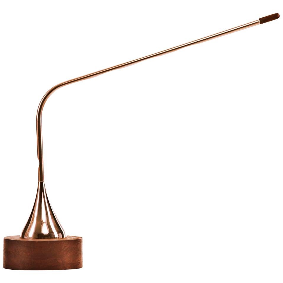 Modern, Articulated, Copper & Walnut Timber, Mortar & Pestle Table & Desk Lamp For Sale